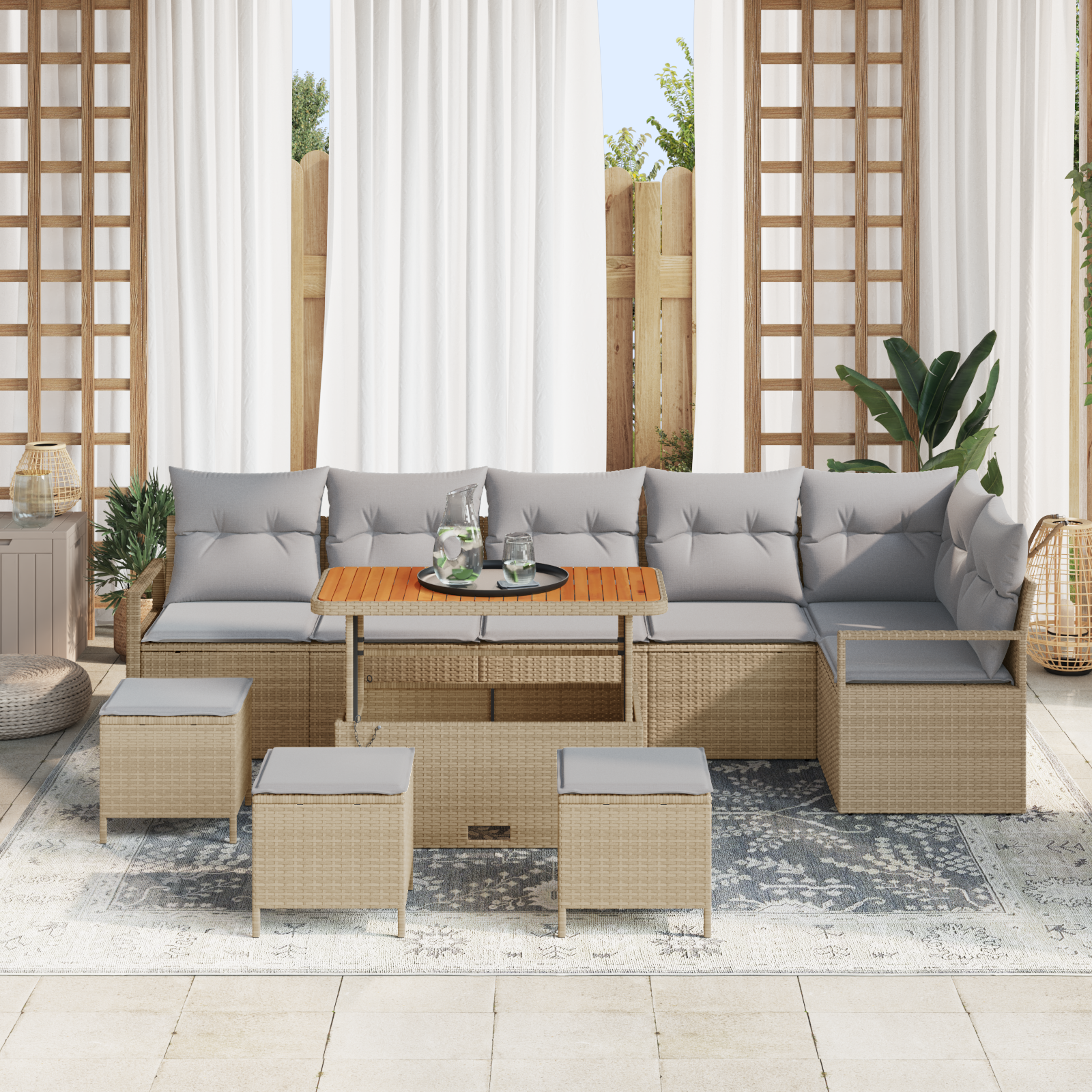 vidaXL 10-delige tuinset met kussens in beige poly rattan en acacia