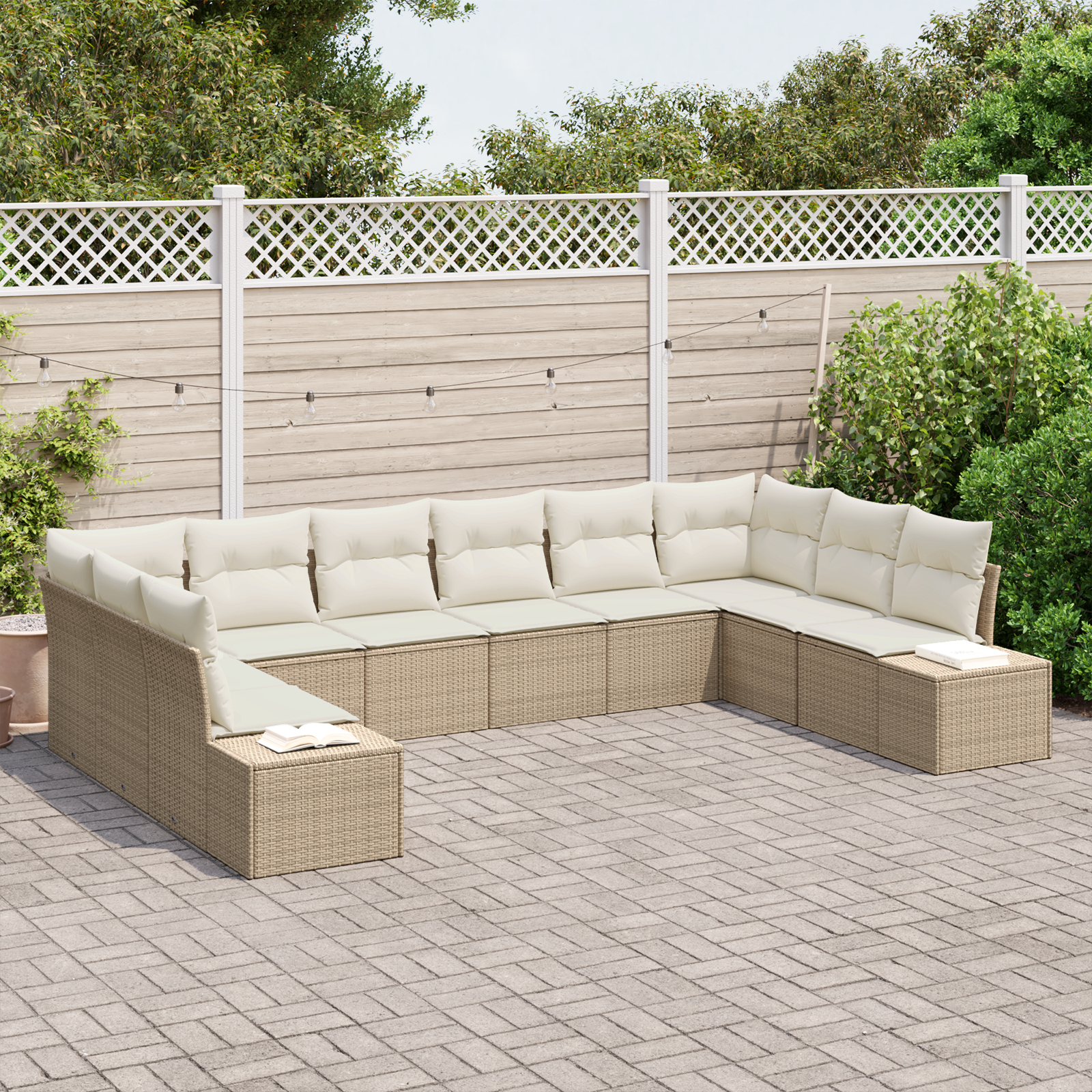 vidaXL 10-delige Tuinbankenset met kussens poly rattan beige