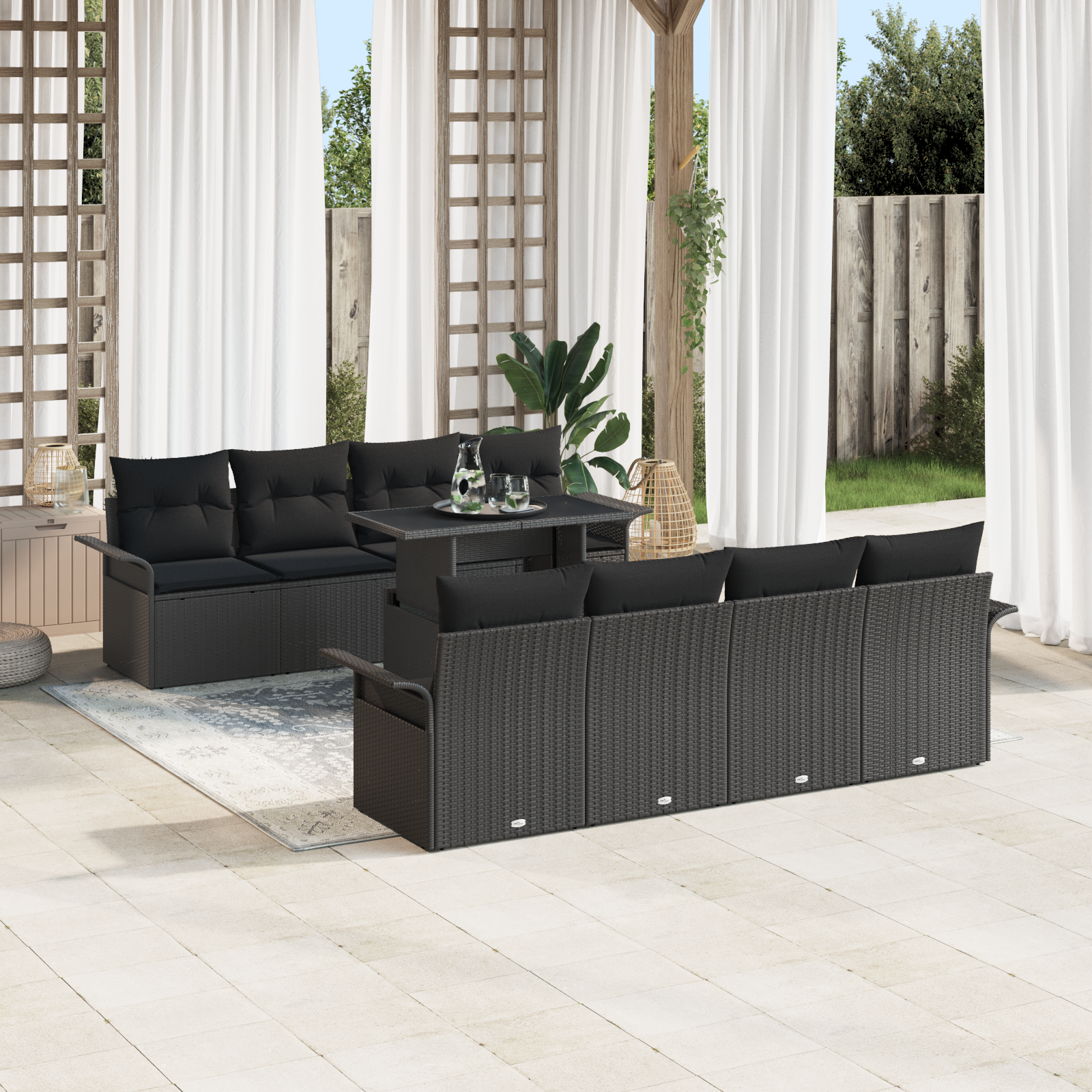 vidaXL 9-delige tuinset met kussens zwart poly rattan