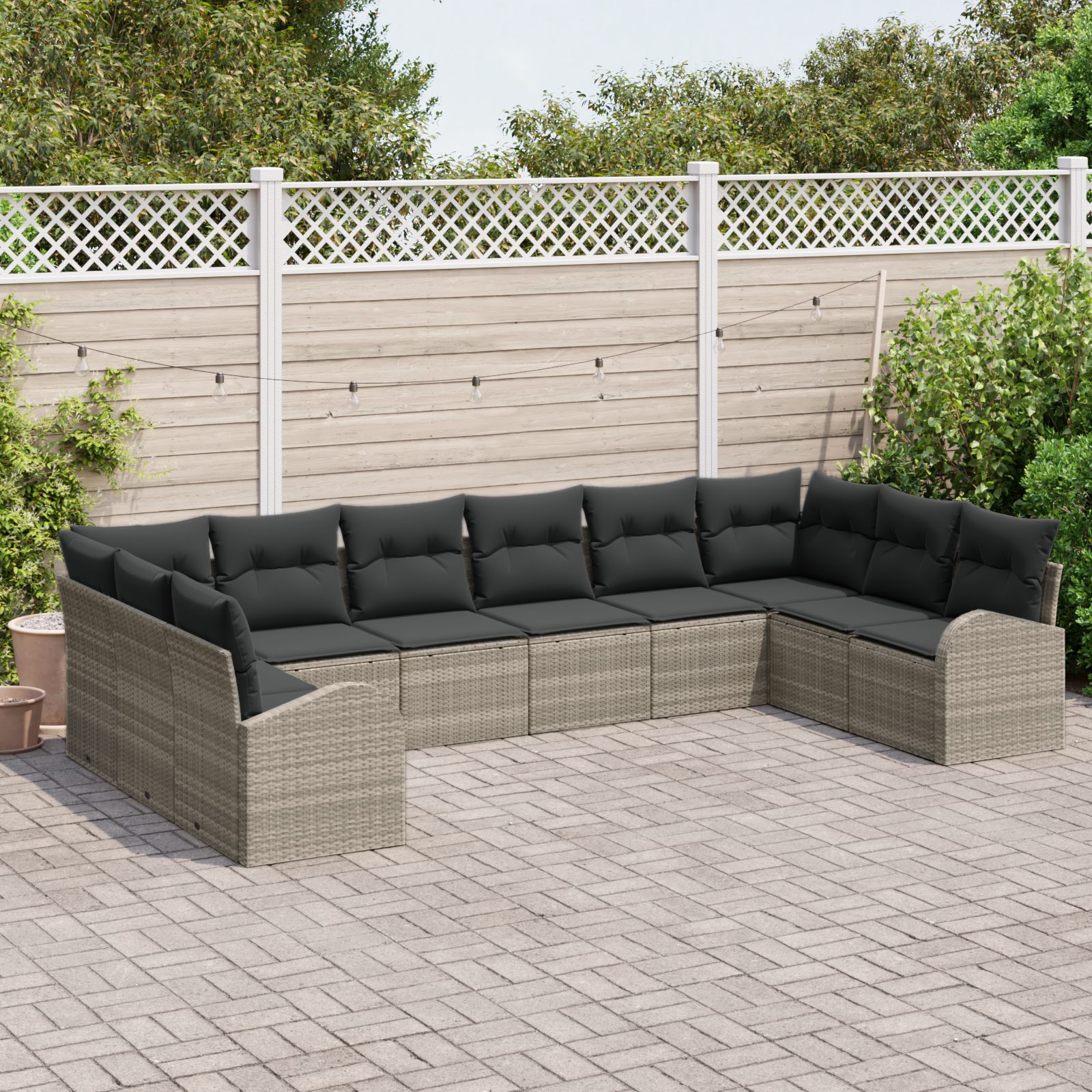vidaXL 10-delige tuinset met kussens in lichtgrijs poly riet
