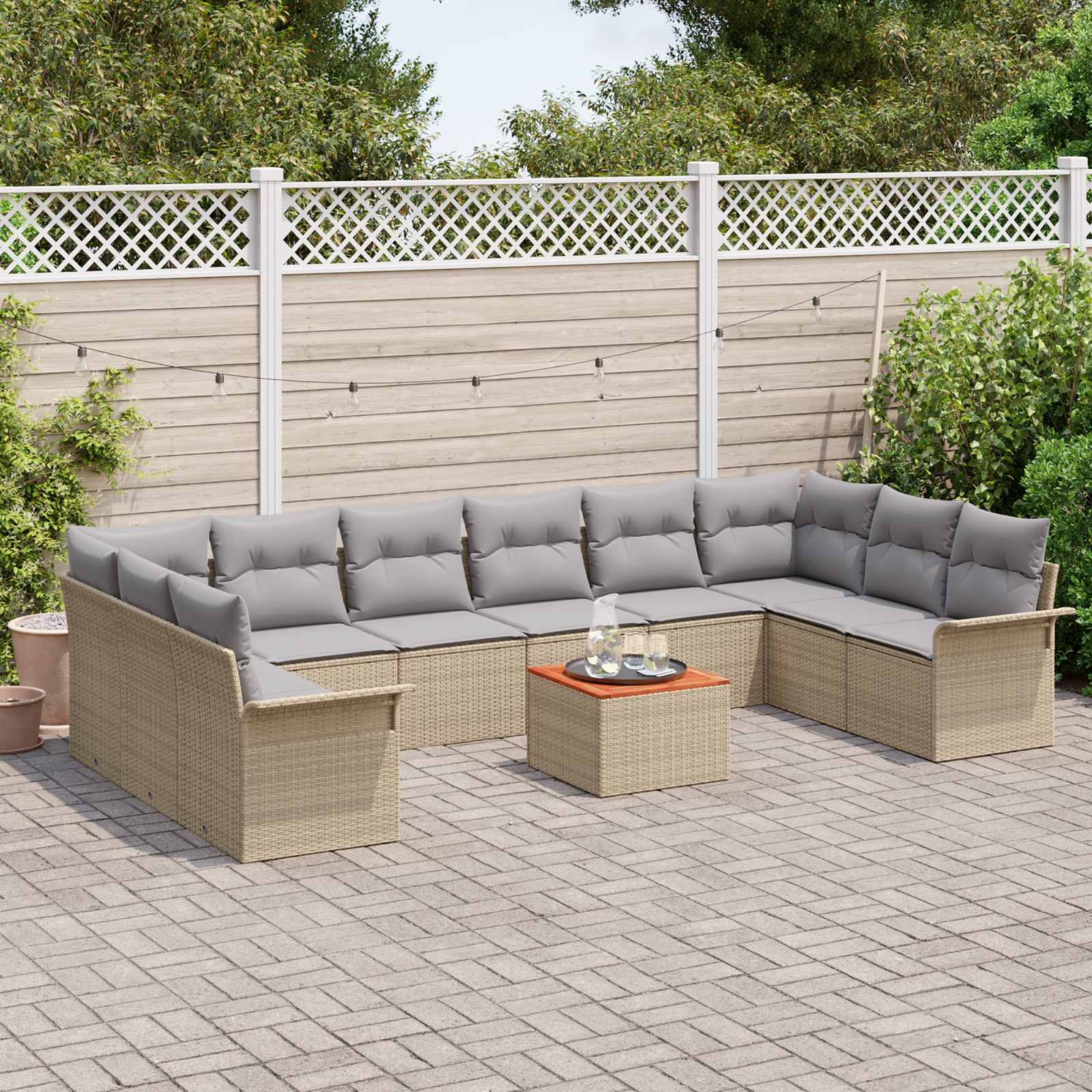 vidaXL 11-delige Tuinbankenset en kussens poly rattan acaciahout beige