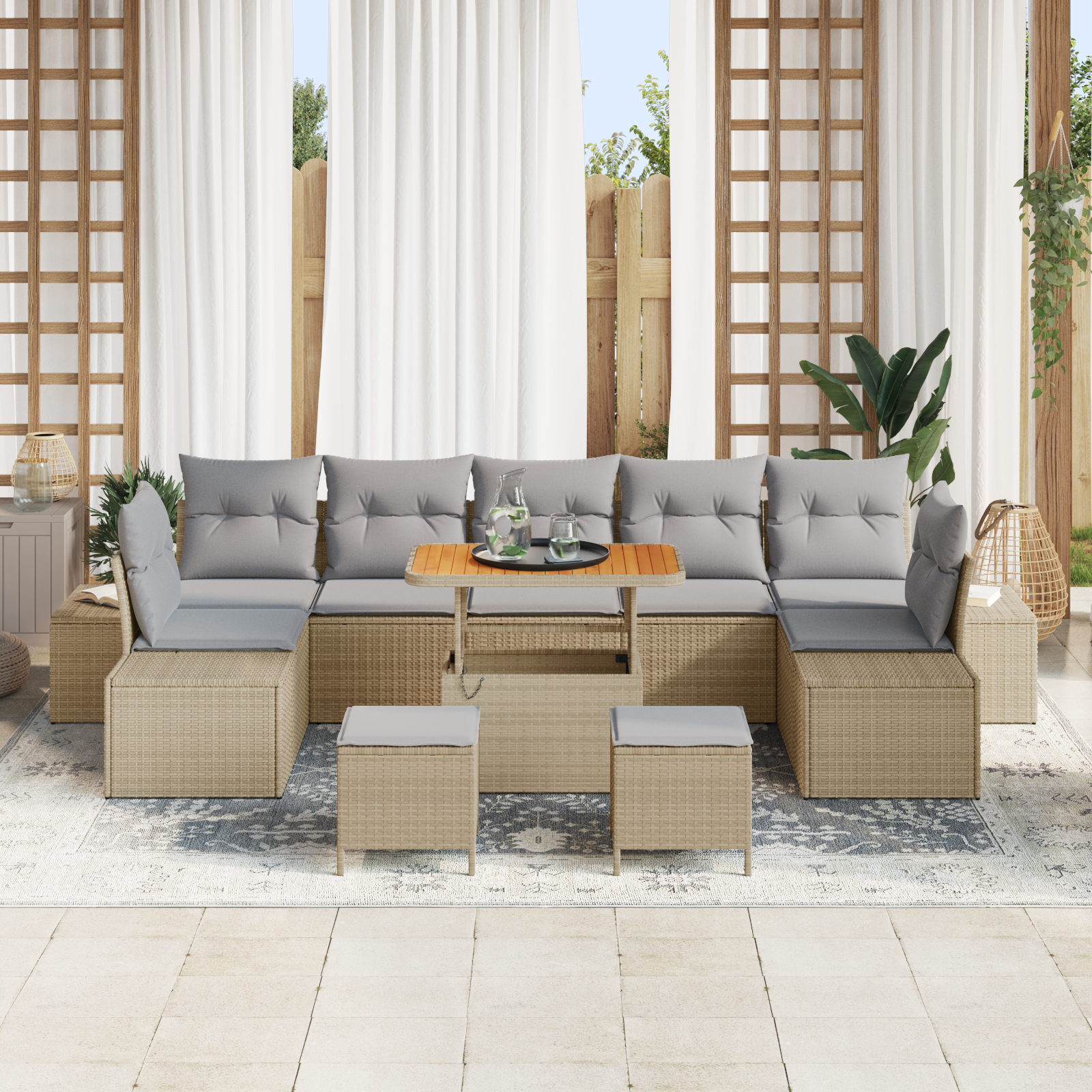 vidaXL 10-delige Tuinbankenset met kussens poly rattan acacia beige