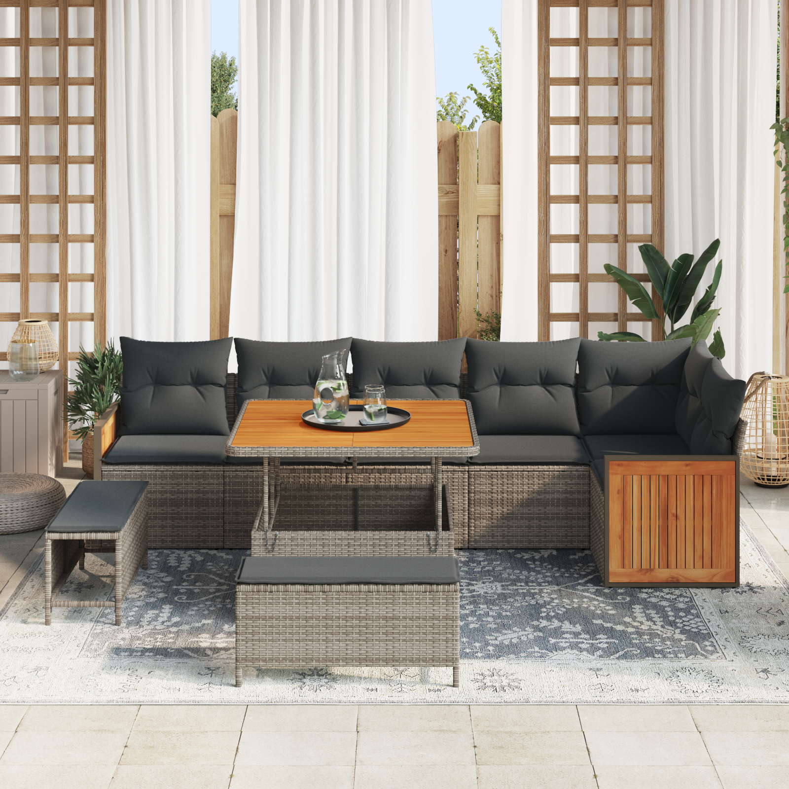 vidaXL 9-delige Tuinbankenset met kussens poly rattan acacia grijs