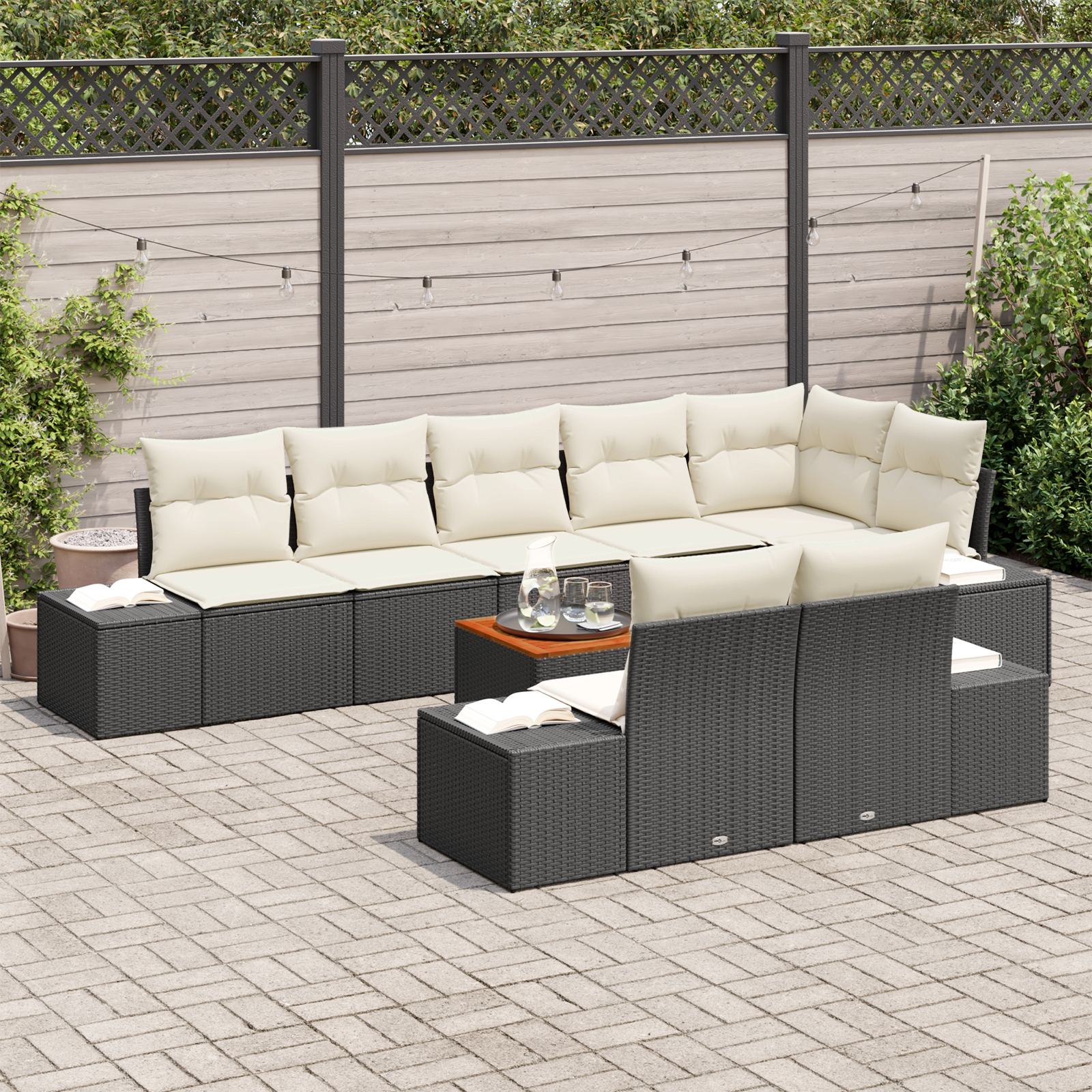 vidaXL 9-delige tuinbankset met kussens zwart poly rattan acacia