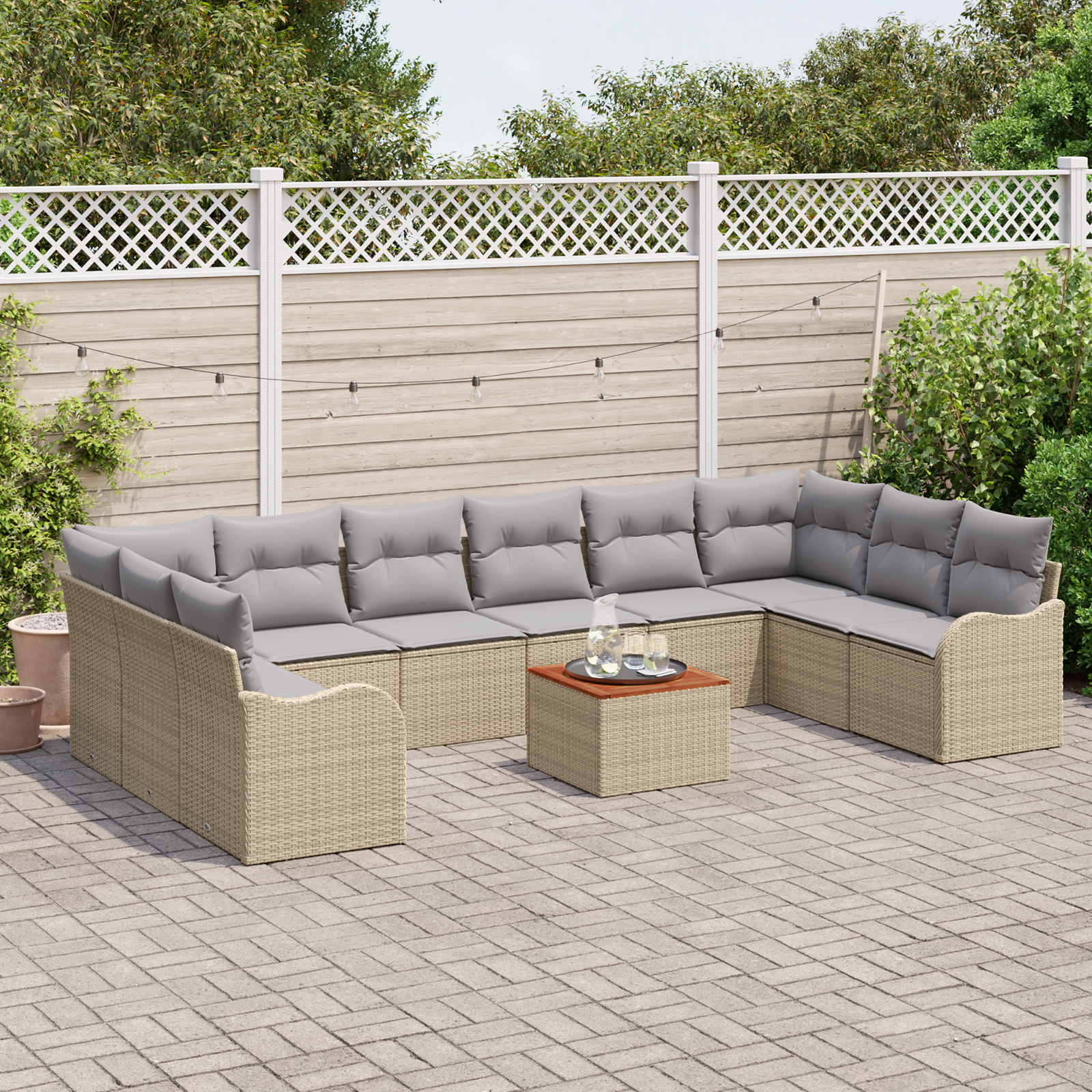 vidaXL 11-delige tuinset met kussens beige poly riet acacia