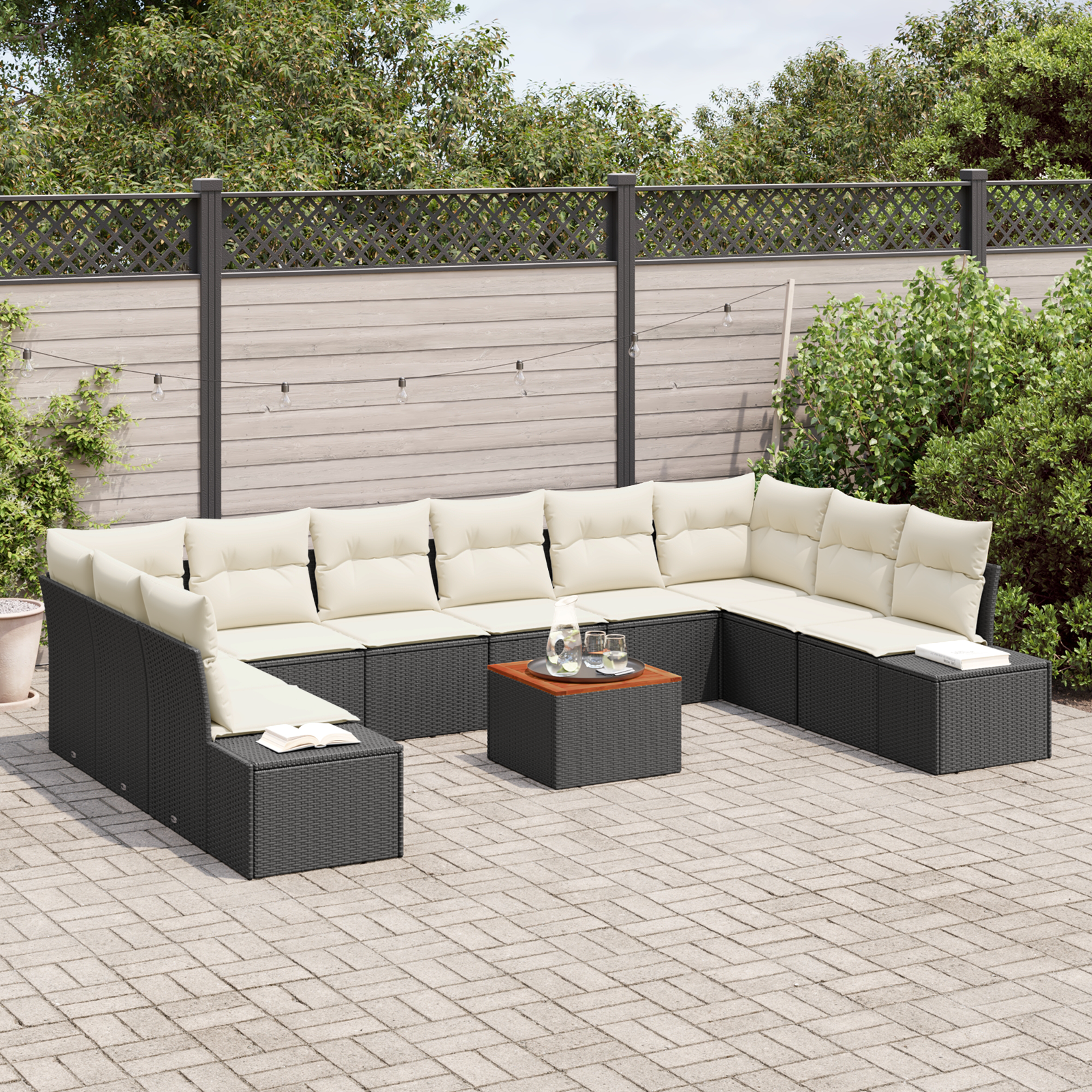 vidaXL 11-delige tuinset met kussens zwart poly rattan acacia