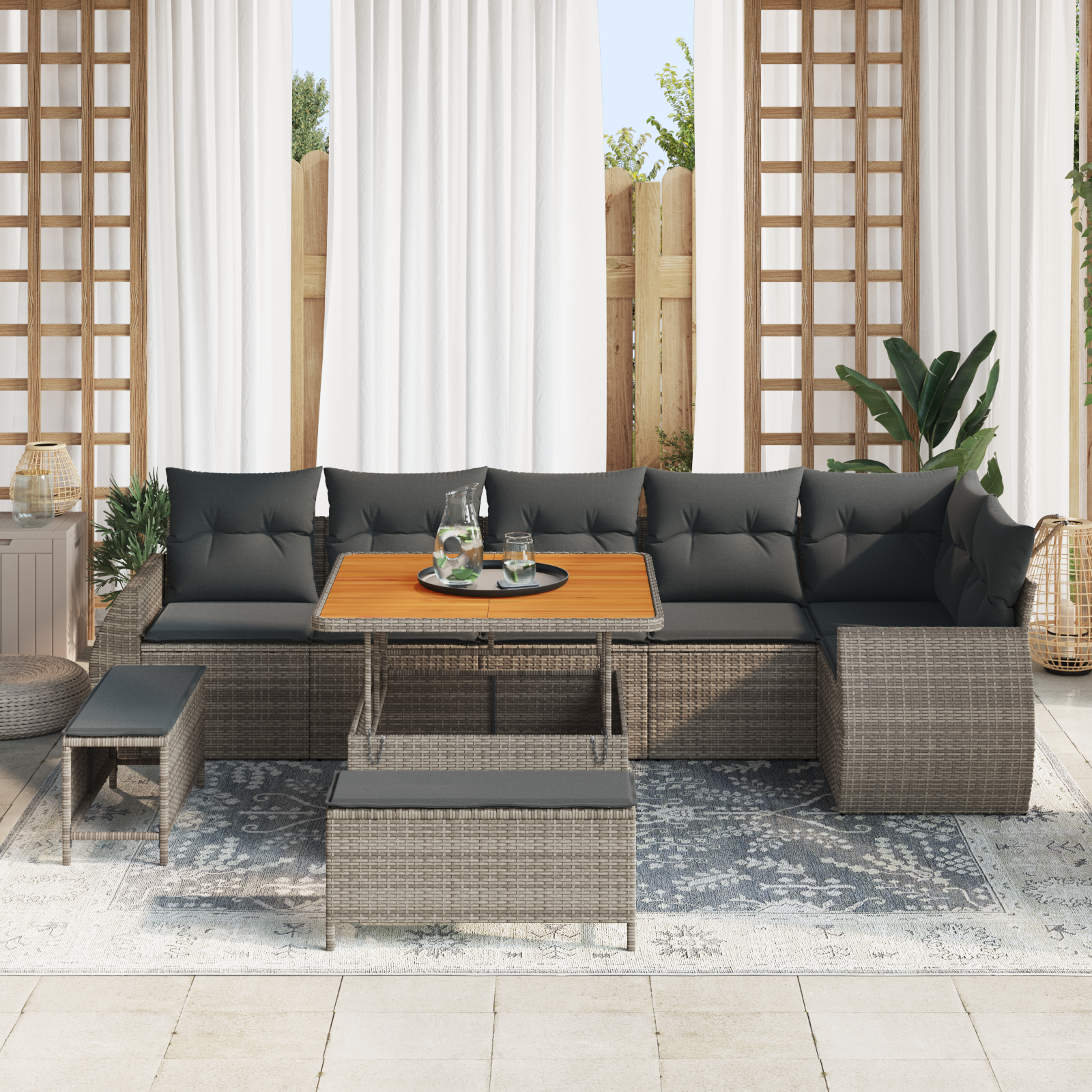 vidaXL 9-delige Tuinbankenset met kussens poly rattan acacia grijs