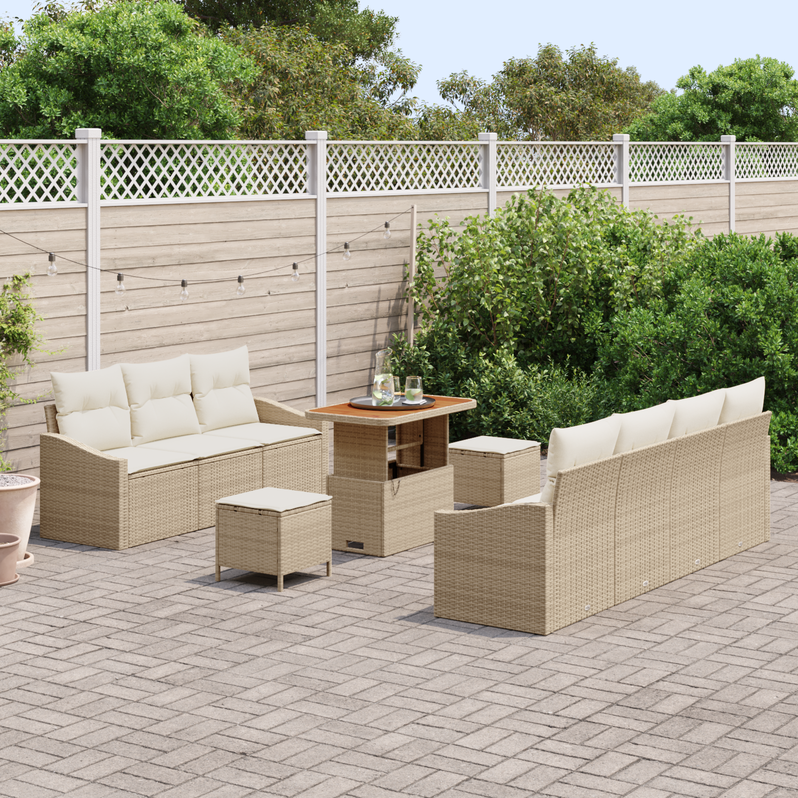 vidaXL 10-delige tuinbank set met kussens beige poly riet acacia