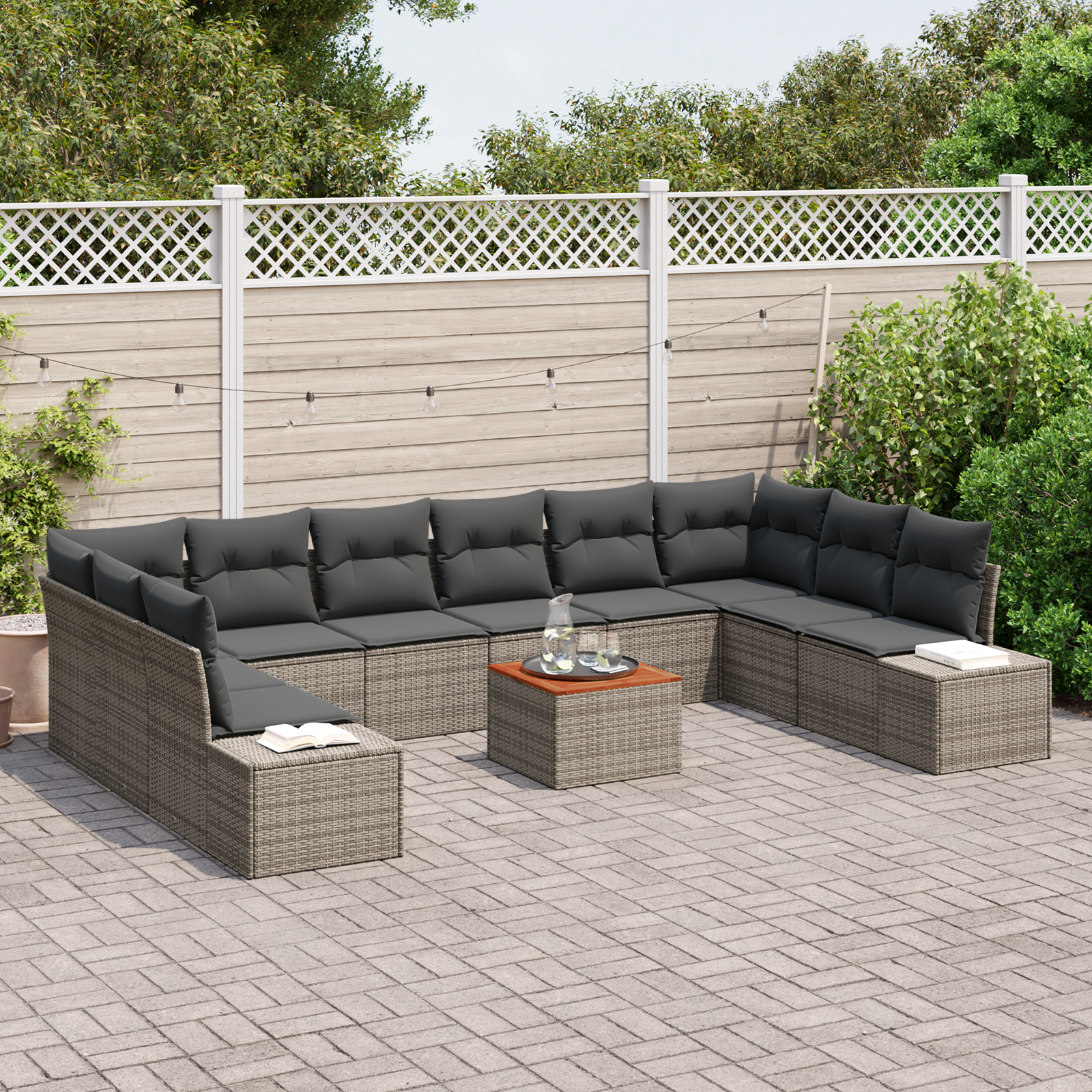 vidaXL 11-delige tuinsofa set met kussens in grijs poly rattan en acacia