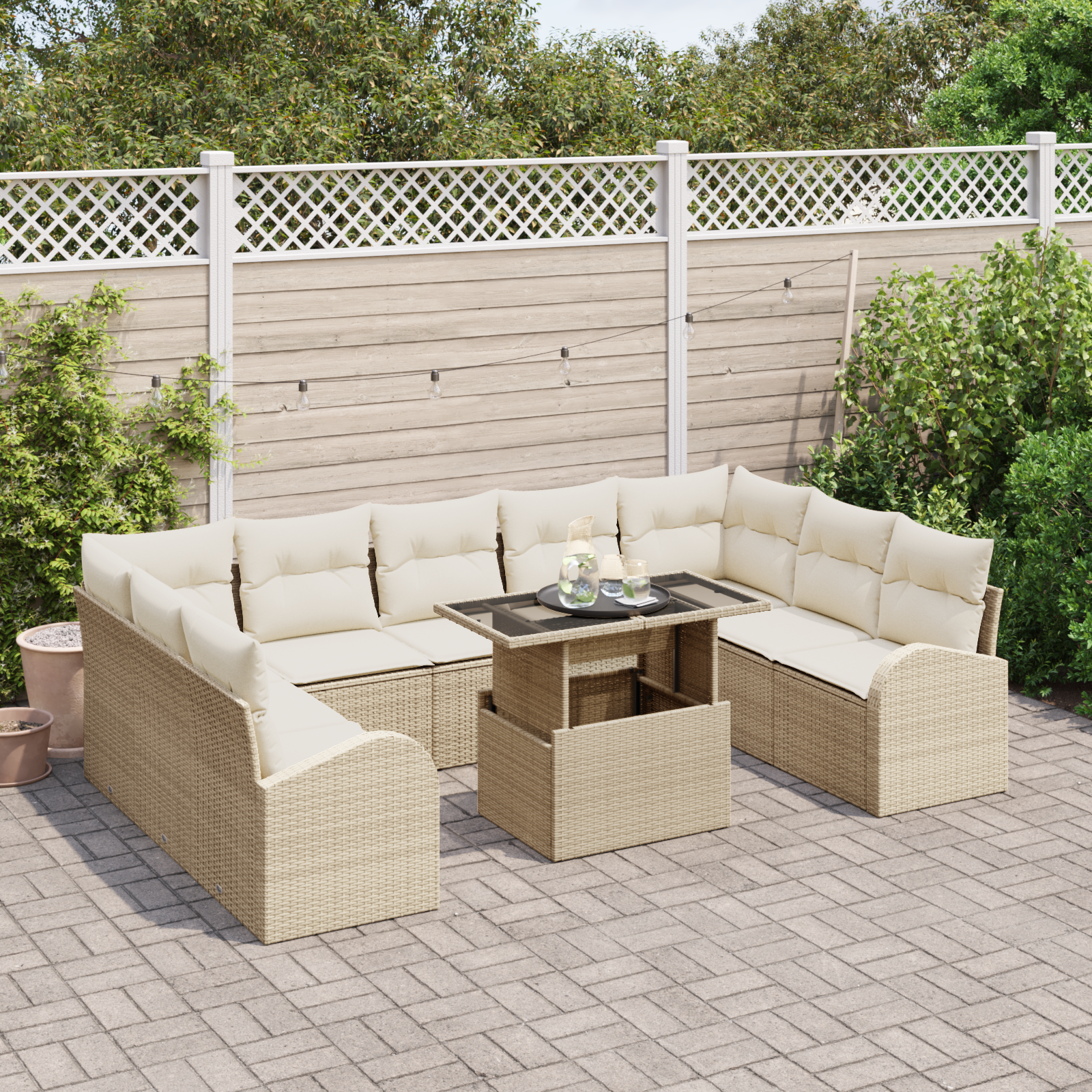 vidaXL 10-delige tuinset met kussens in beige poly rattan