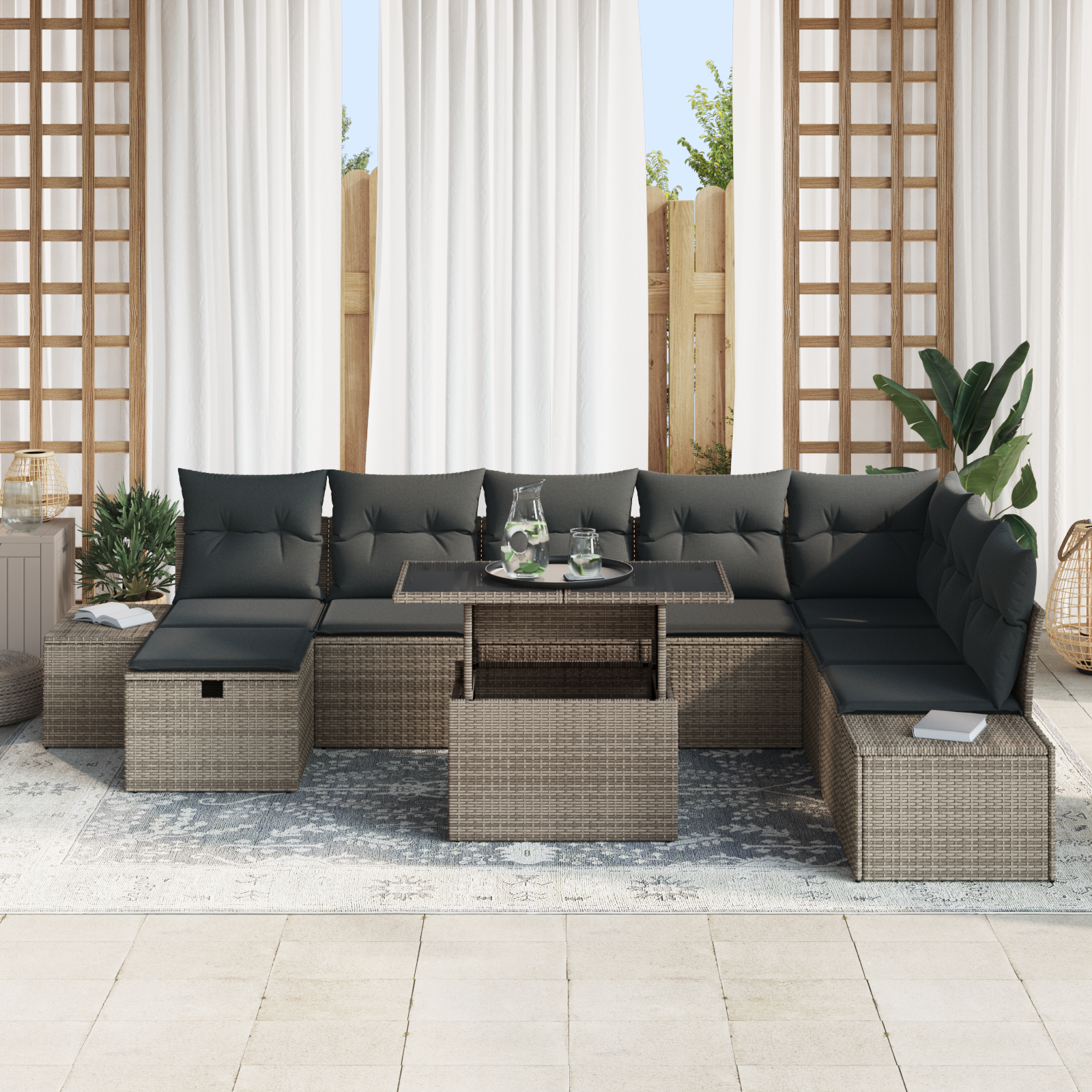 vidaXL 9-delige Tuinbankenset met kussens poly rattan grijs