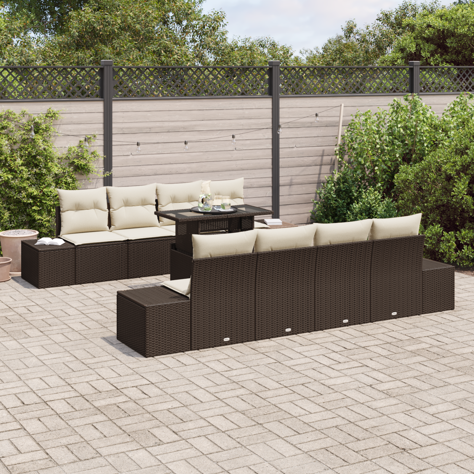 vidaXL 9-delige Tuinbankenset met kussens poly rattan bruin