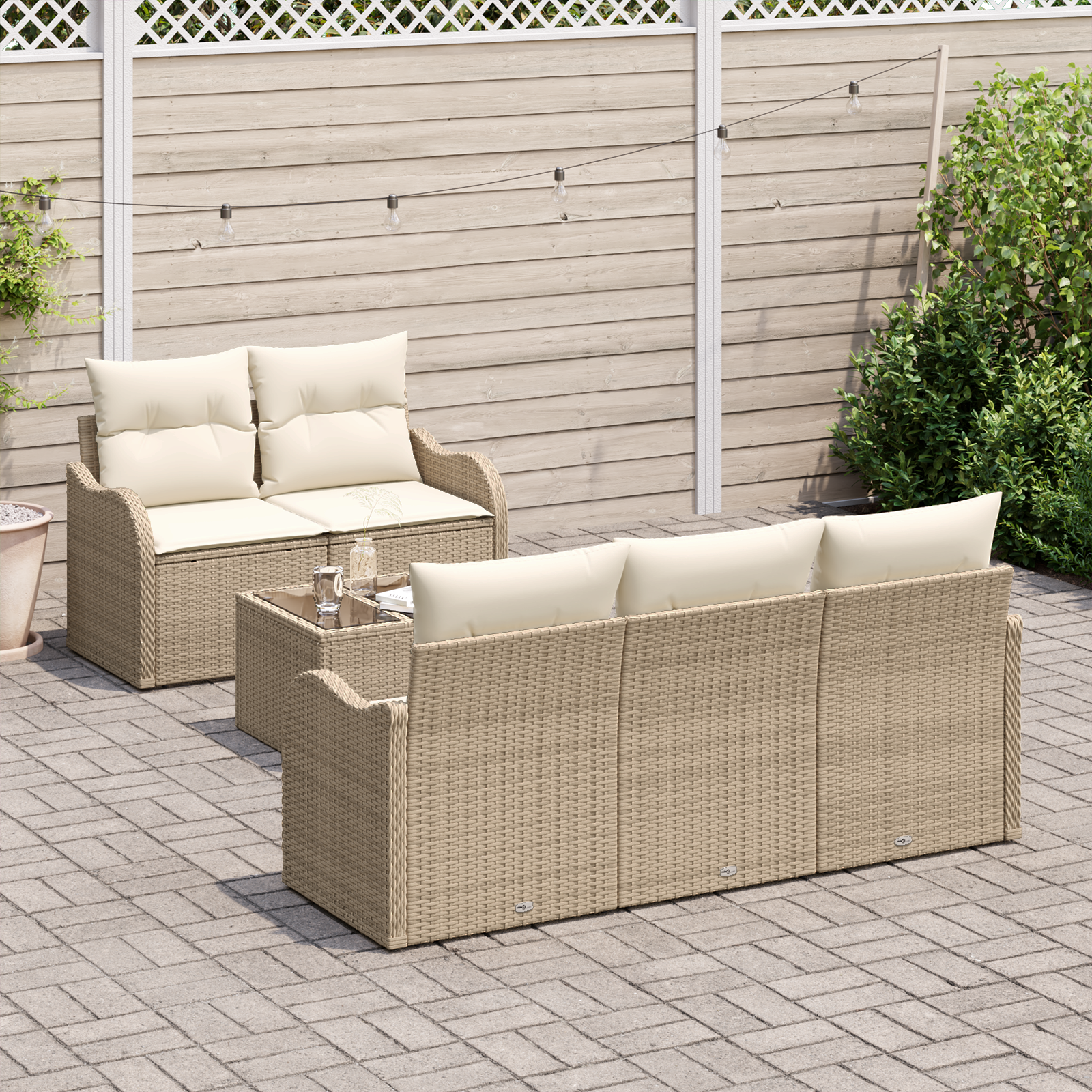 vidaXL 6-delige tuinbankset met kussens in beige poly rattan
