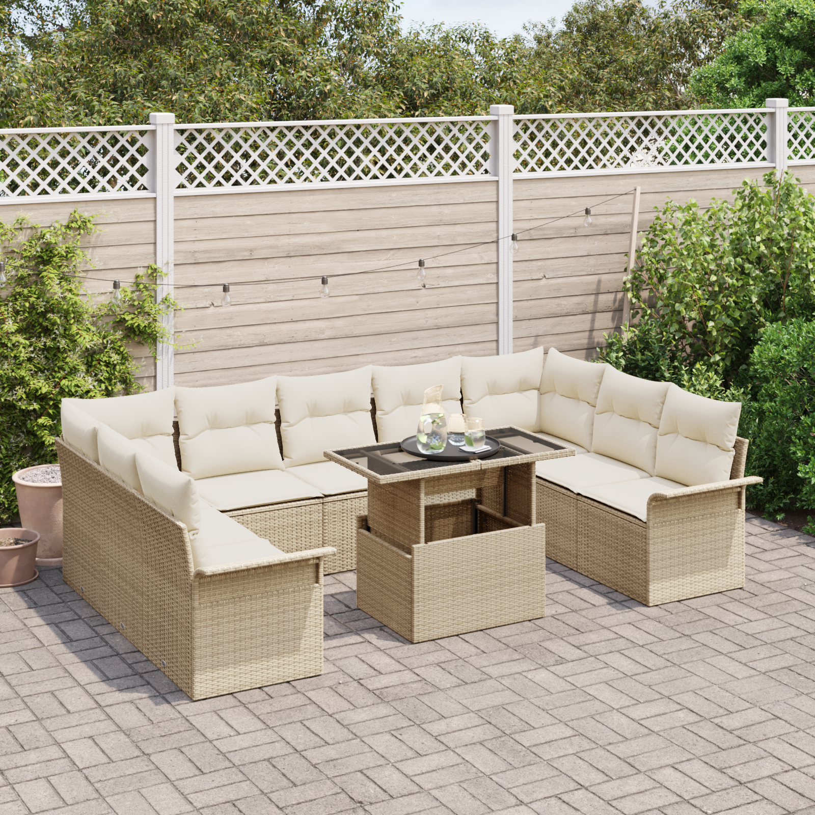 vidaXL 10-delige tuinset met kussens in beige poly rattan