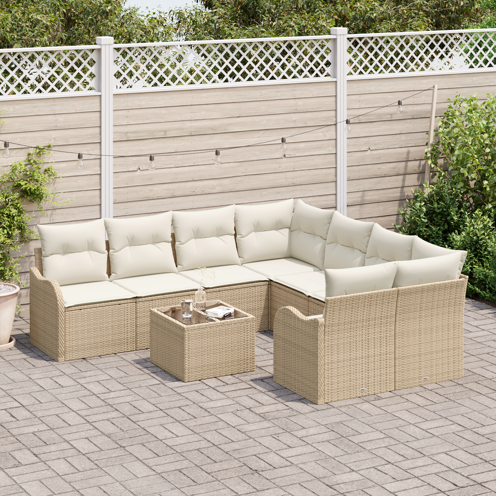vidaXL 9-delige Tuinbankenset met kussens poly rattan beige