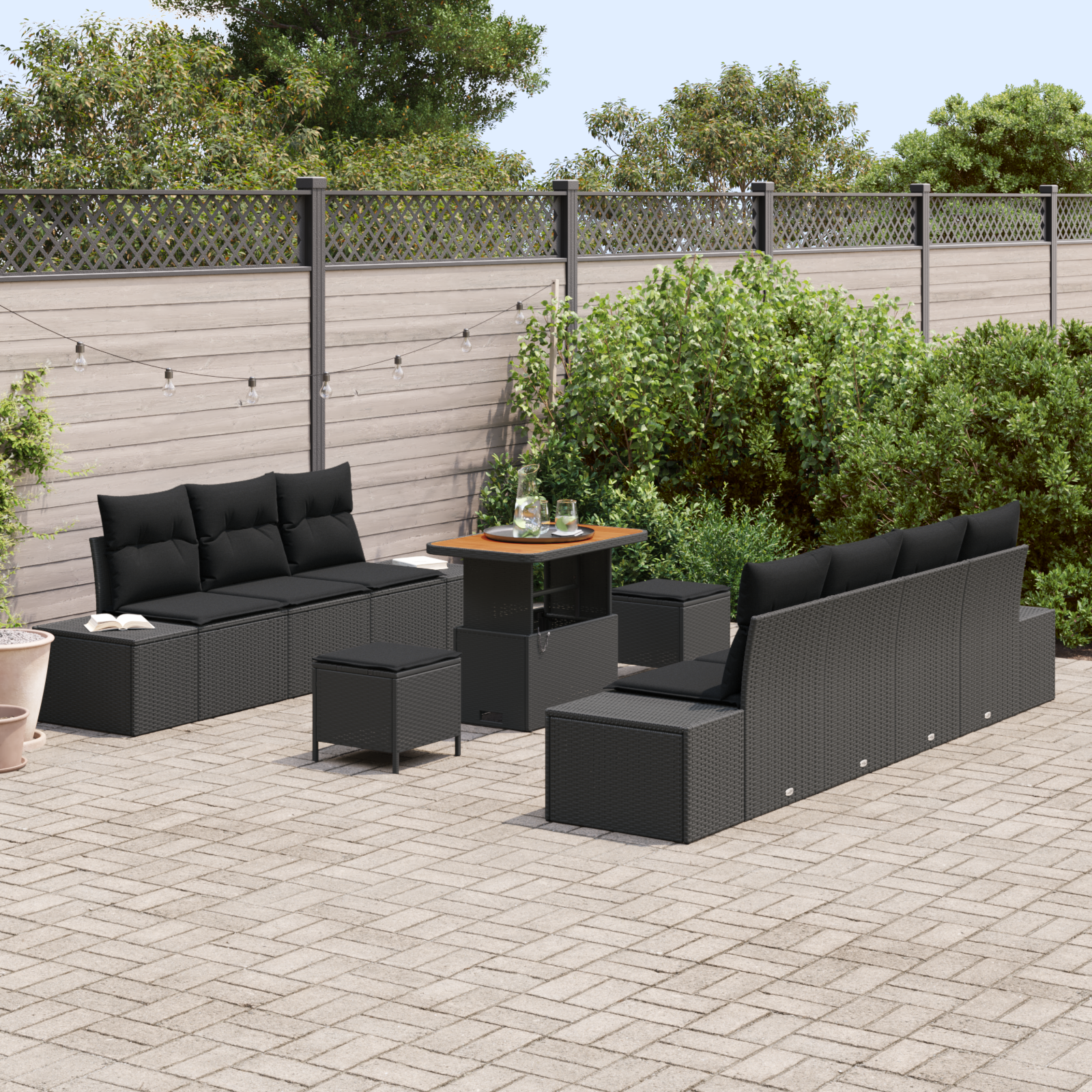 vidaXL 10-delige Tuinbankenset met kussens poly rattan acacia zwart
