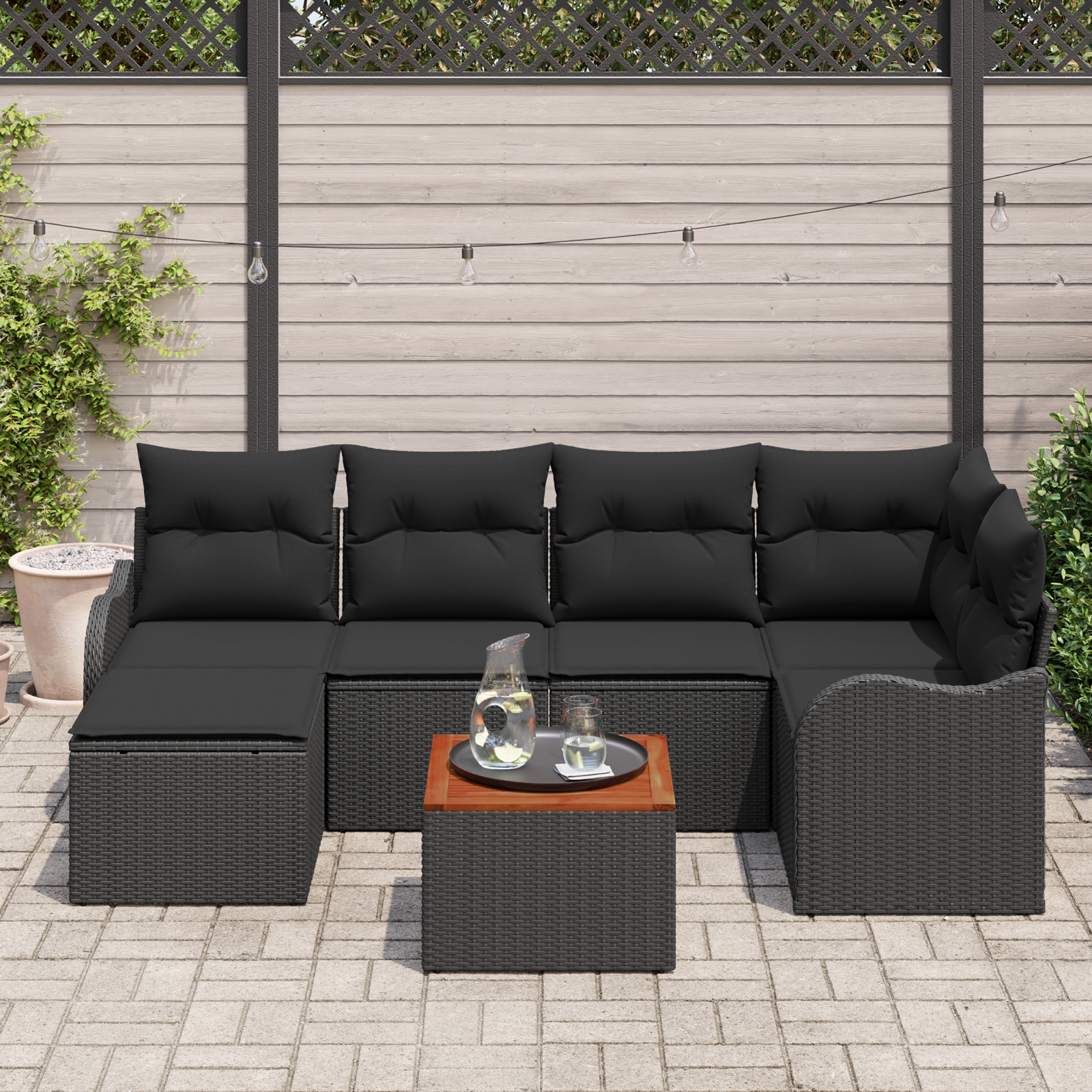 vidaXL 7-delige Tuinbankenset met kussens poly rattan acacia zwart