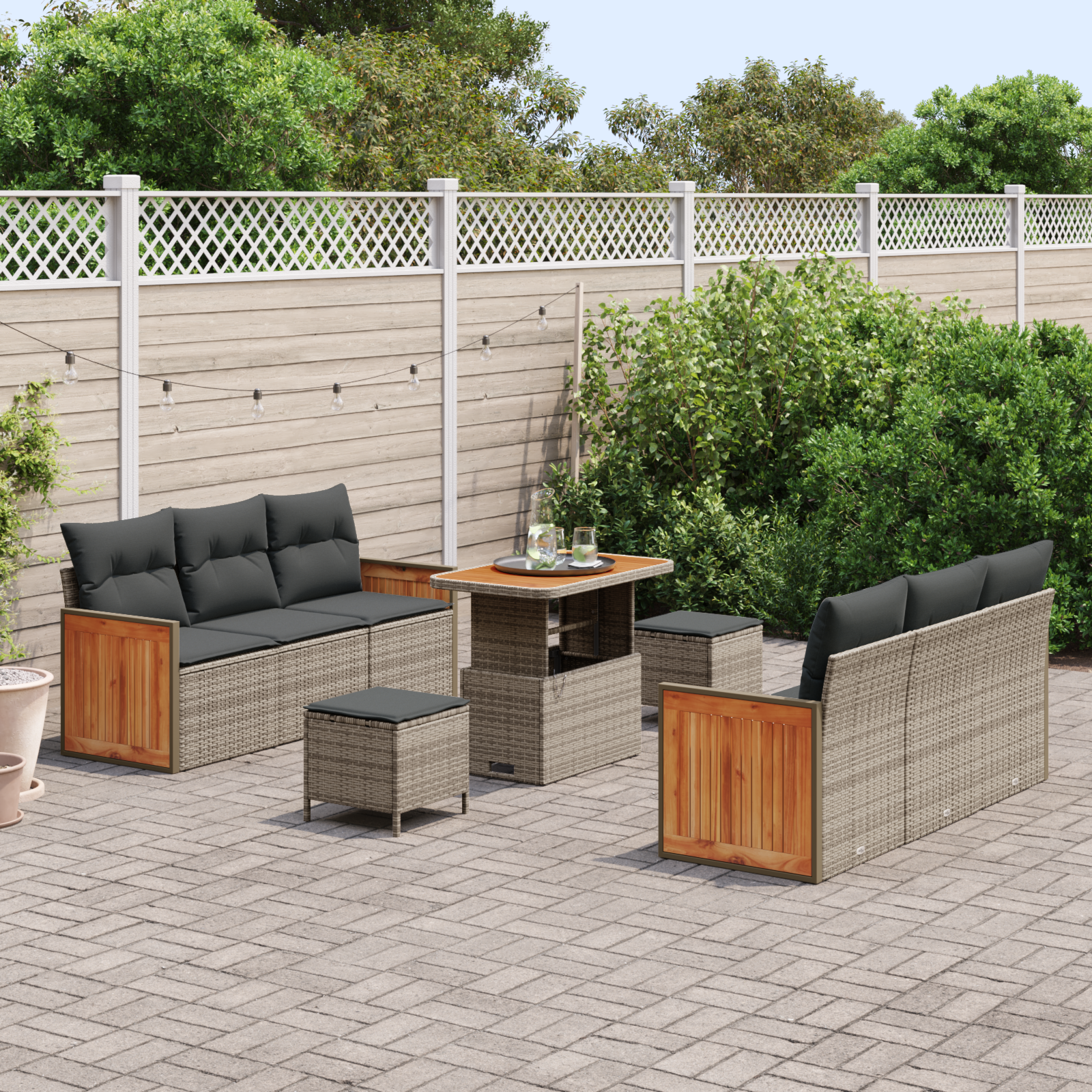 vidaXL 9-delige Tuinbankenset met kussens poly rattan acacia grijs