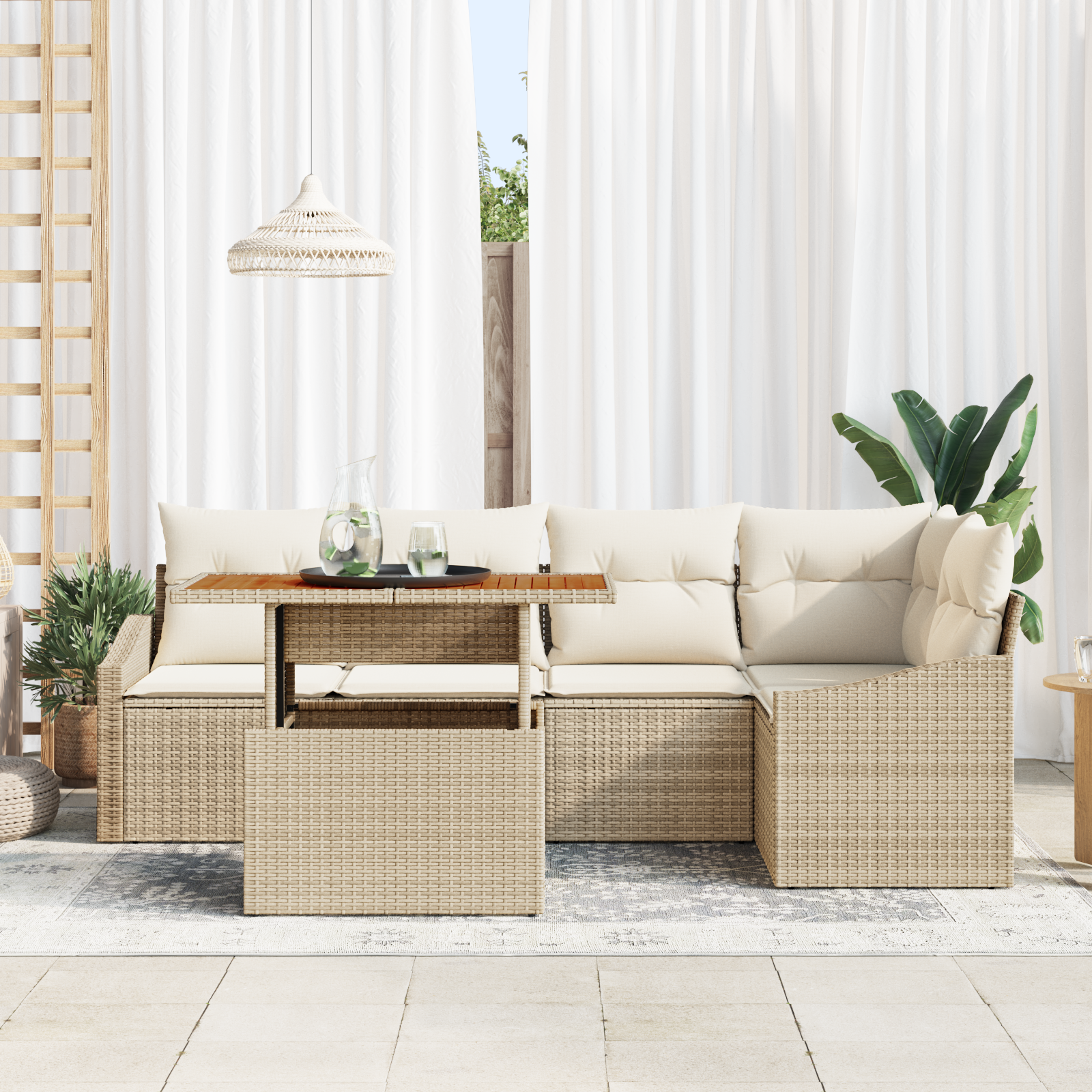 vidaXL 6-delige eetset voor buiten met kussens in Beige poly rattan en Acacia