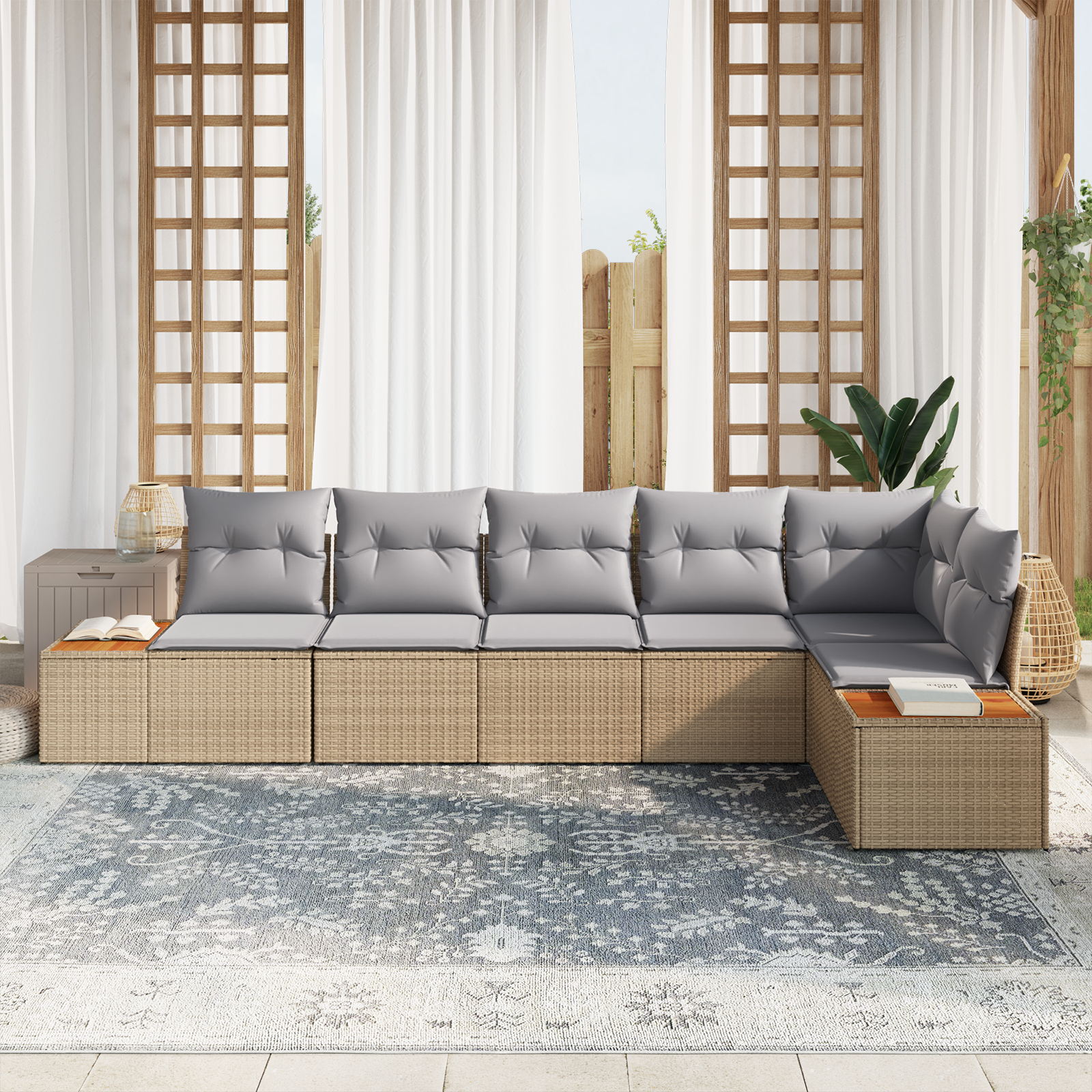 vidaXL 6-delige tuinset met kussens in beige poly rattan en acacia