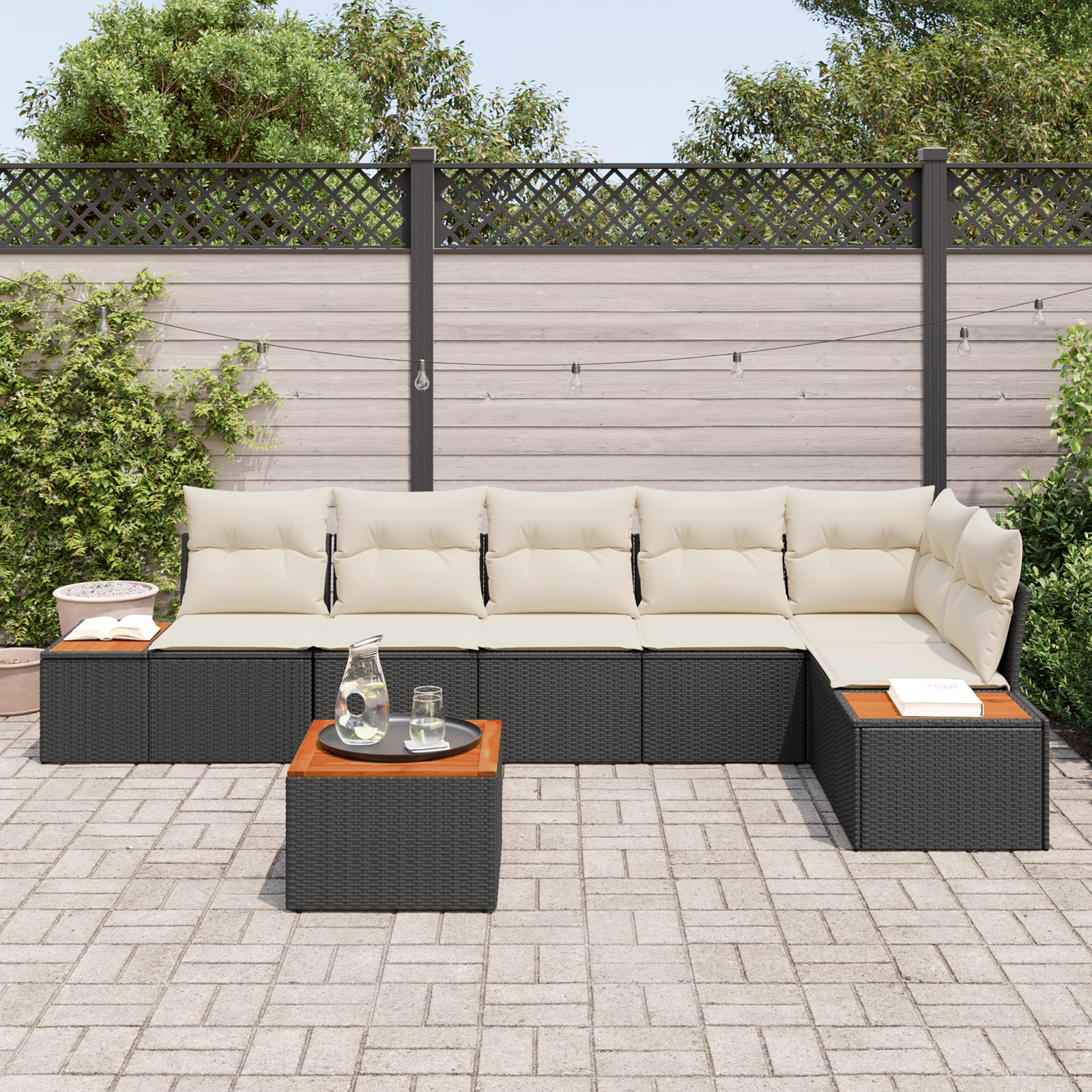 vidaXL 7-delige tuinset met kussens - zwart poly rattan en acacia