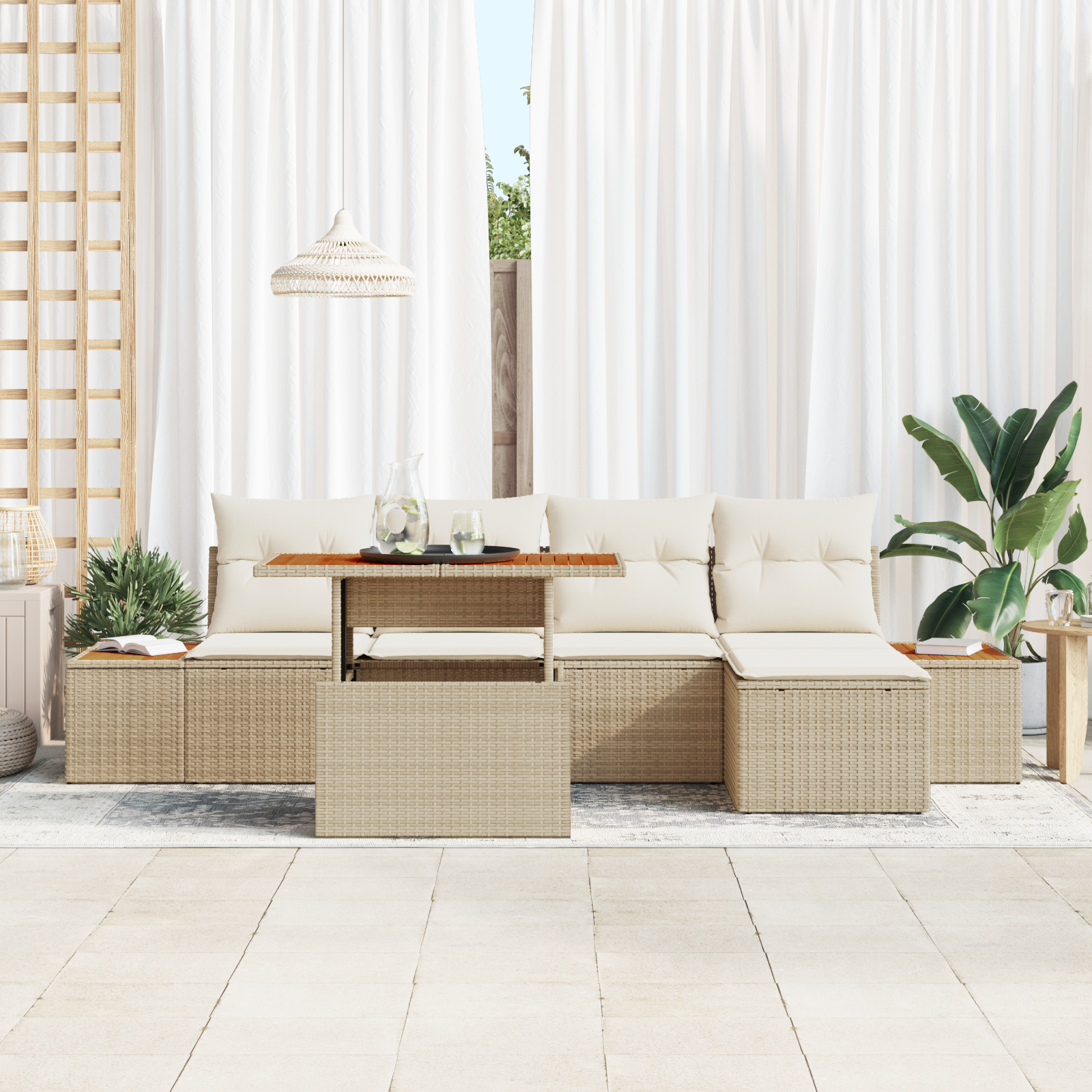 vidaXL 6-delige Tuinset met kussens poly rattan acaciahout beige