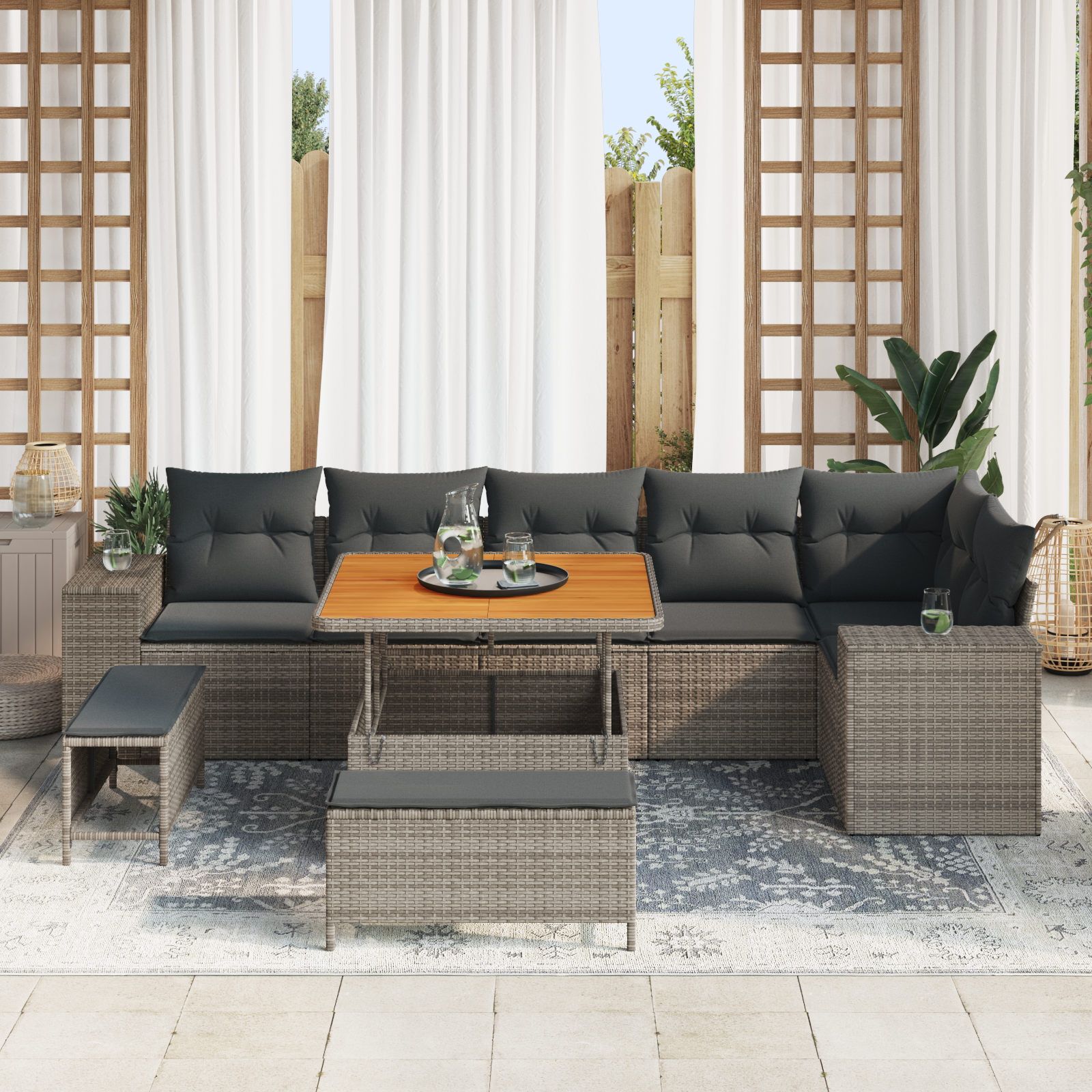 vidaXL 9-delige Tuinbankenset met kussens poly rattan acacia grijs
