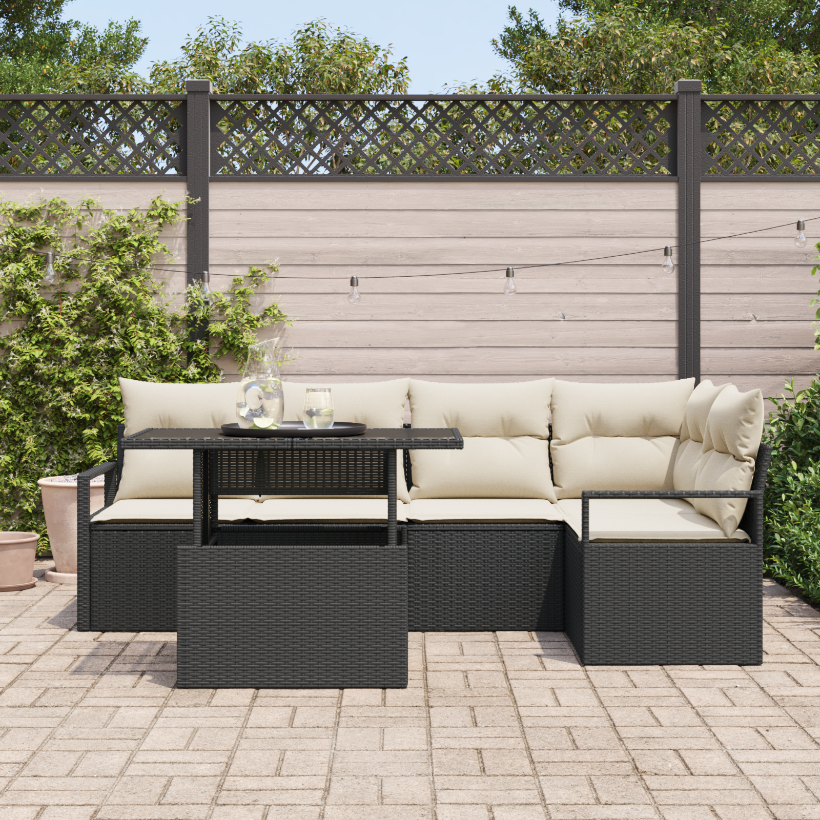 vidaXL 6-delige Tuinbankenset met kussens poly rattan zwart