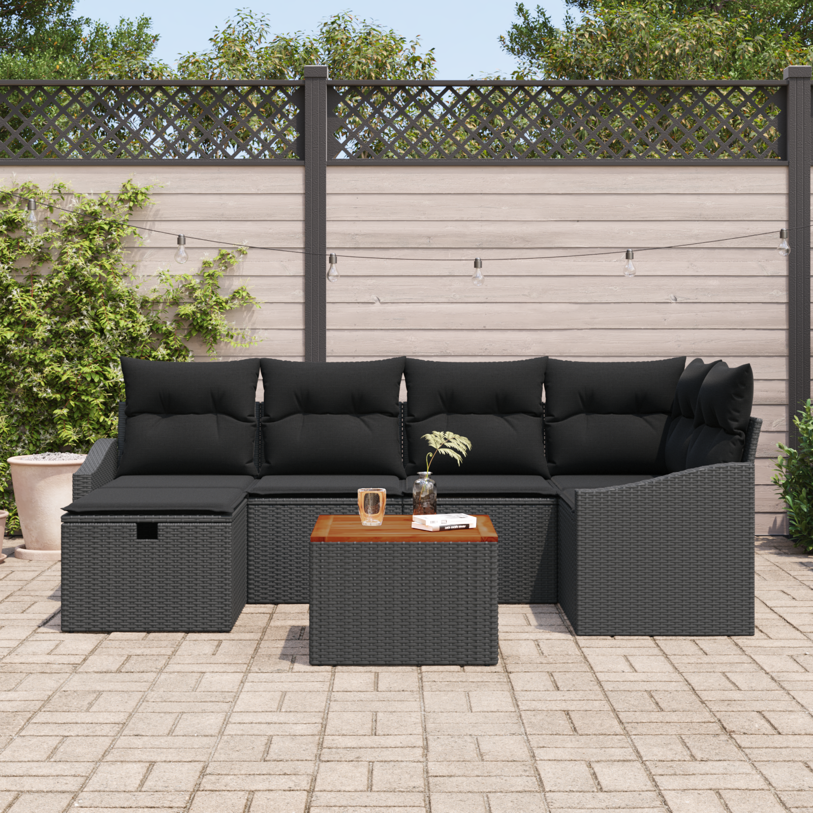 vidaXL 7-delige Tuinbankenset met kussens poly rattan zwart