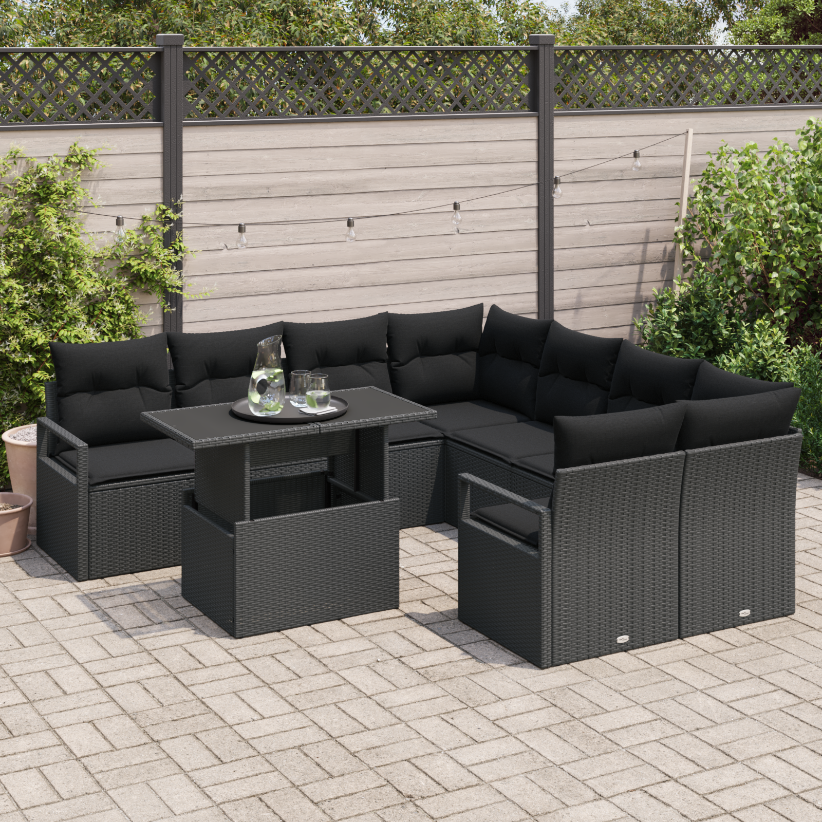 vidaXL 9-delige Tuinbankenset met kussens poly rattan zwart