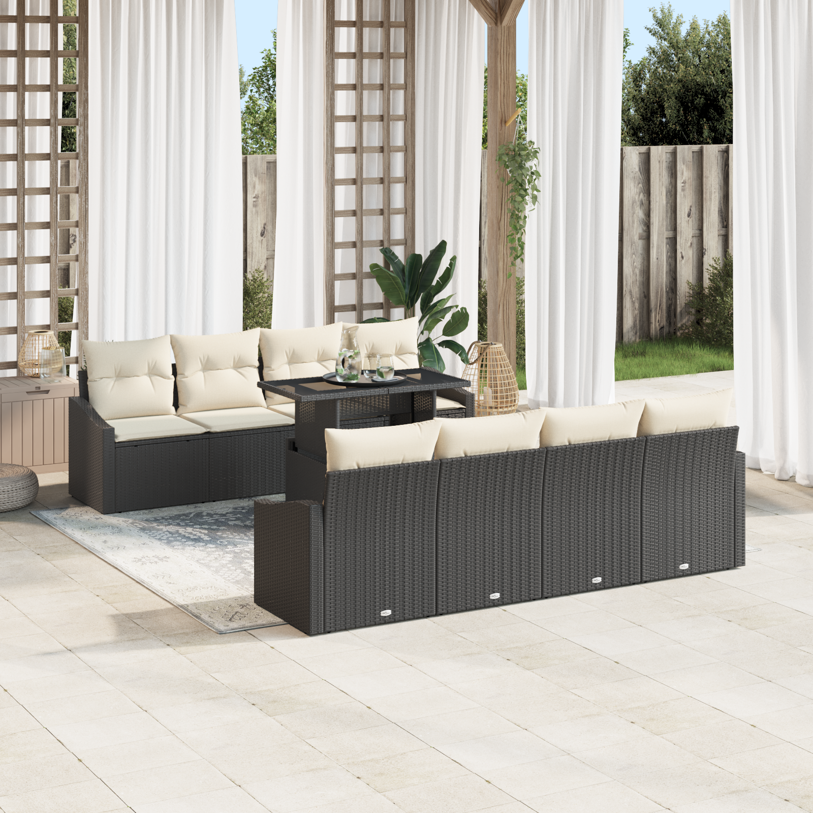 vidaXL 7-delige Tuinbankenset met kussens poly rattan zwart