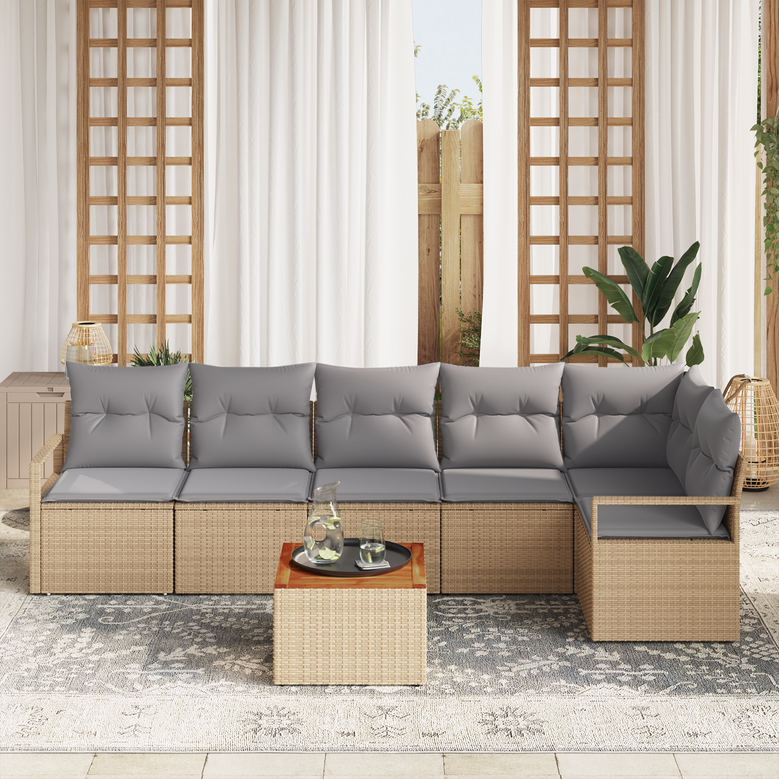 vidaXL 7-delige tuinbankset met kussens in beige poly rattan en acacia hout