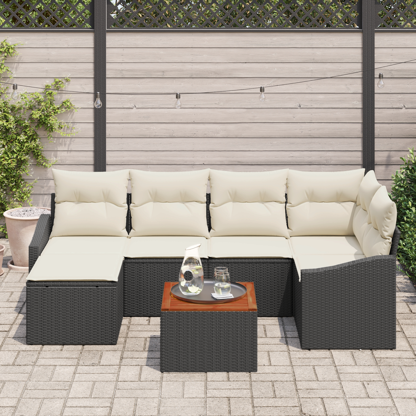 vidaXL 7-delige tuinsofa set met kussens in zwart poly rattan en acacia