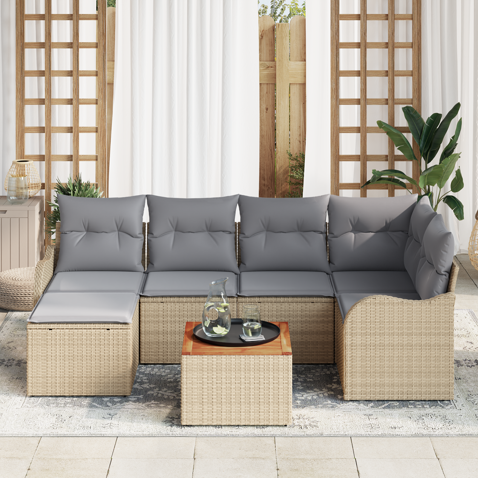 vidaXL 7-delige Tuinbankenset met kussens poly rattan acacia beige
