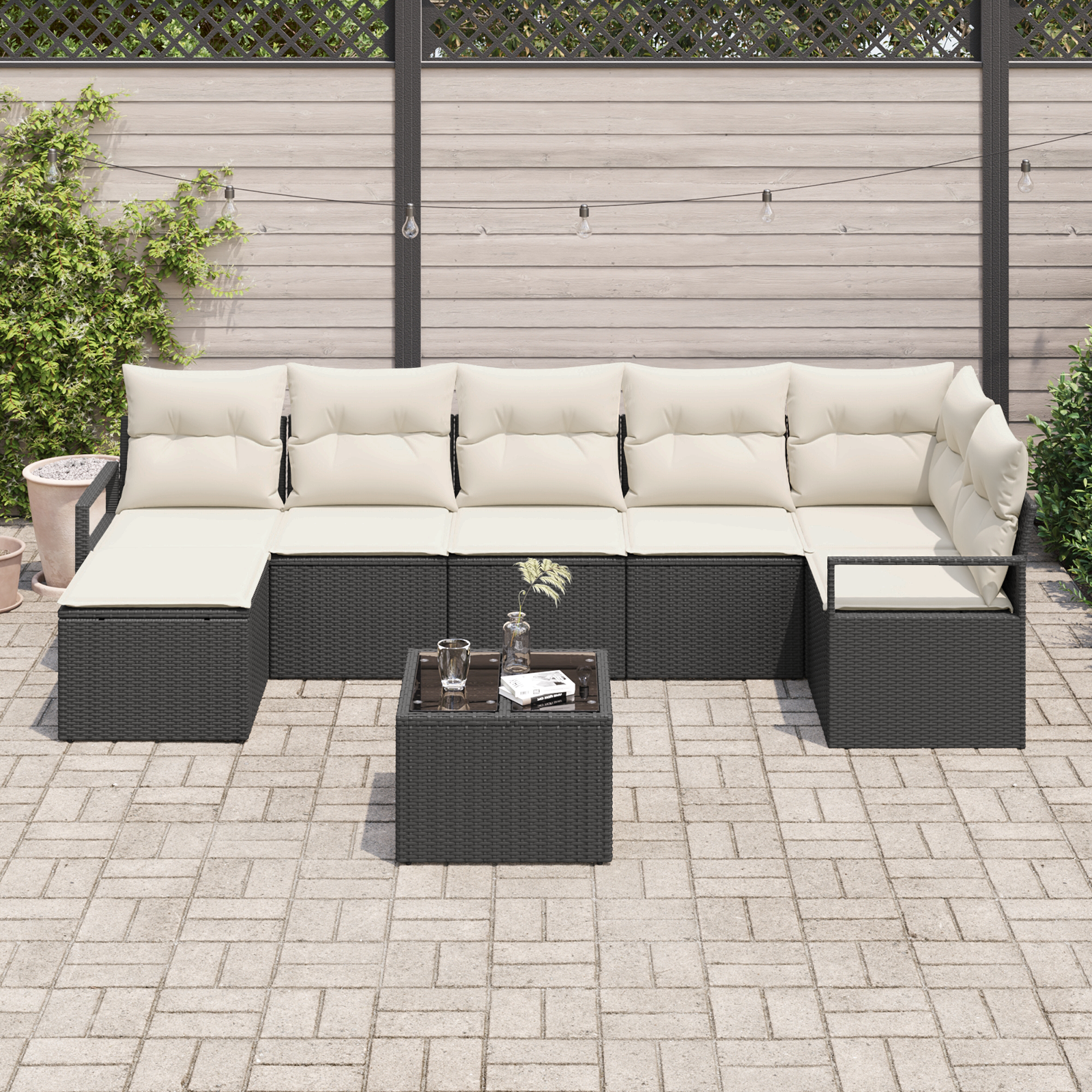 vidaXL 7-delige Tuinbankenset met kussens poly rattan bruin