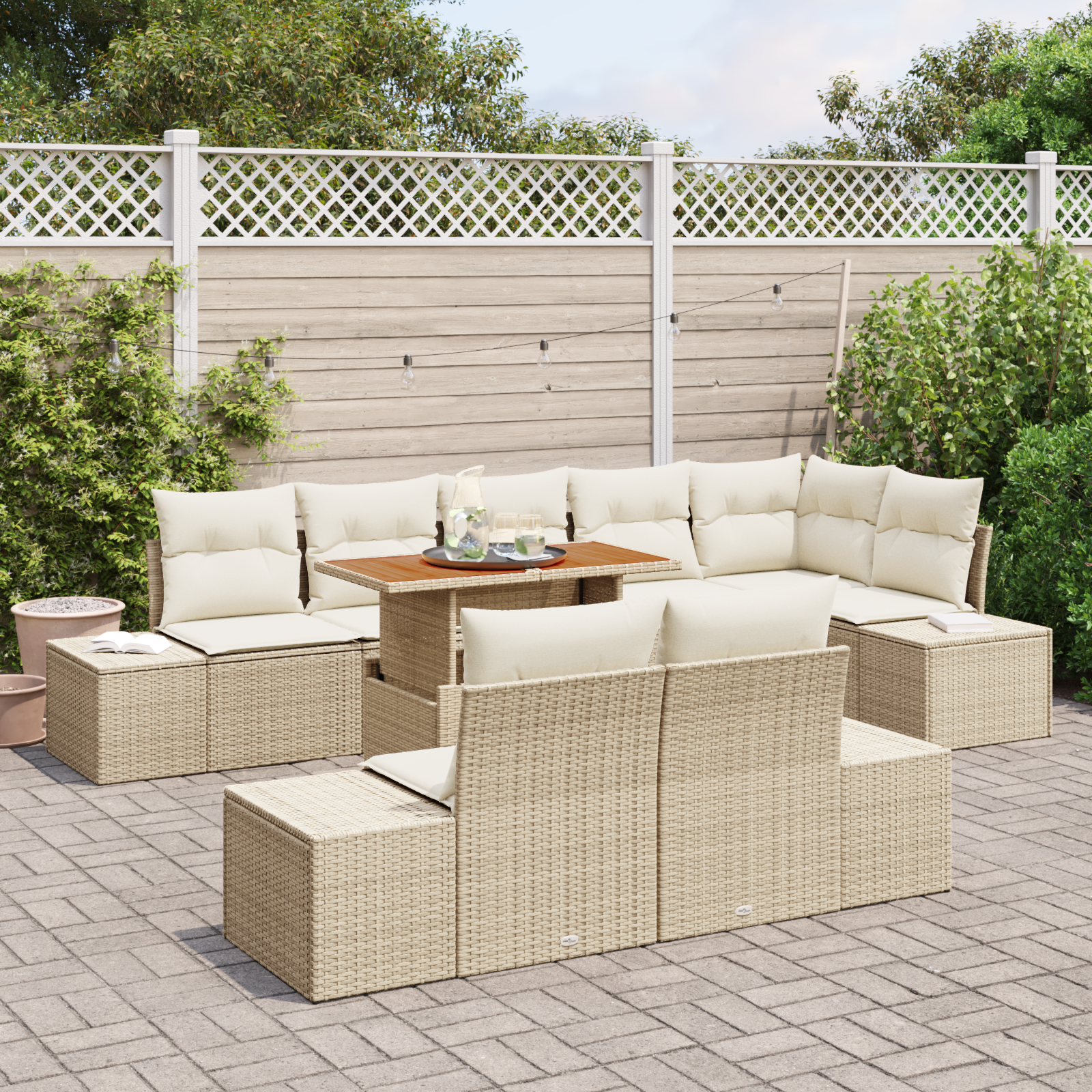 vidaXL 9-delige Tuinset met kussens poly rattan acaciahout beige