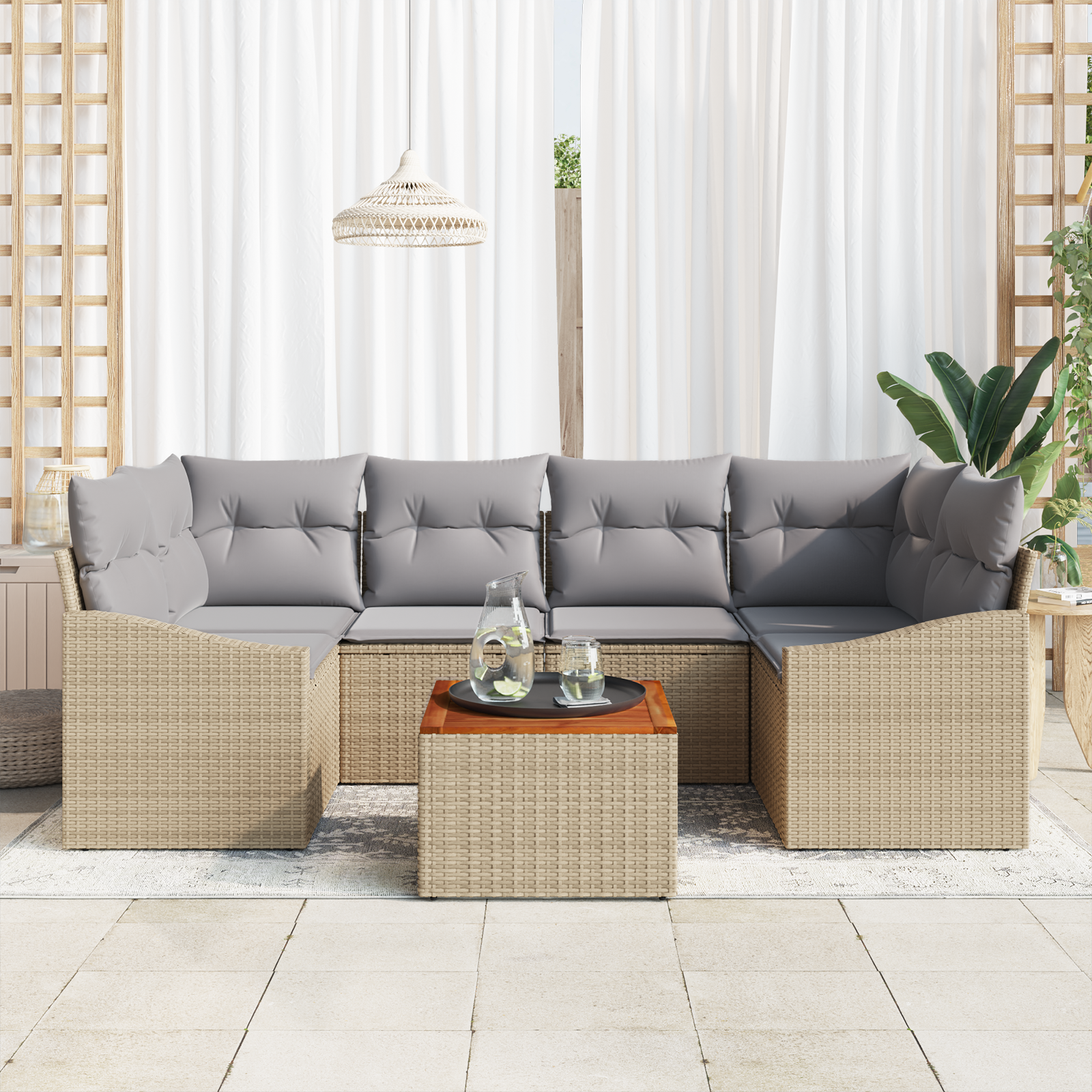 vidaXL 7-delige tuinset met kussens in beige poly rattan en acacia