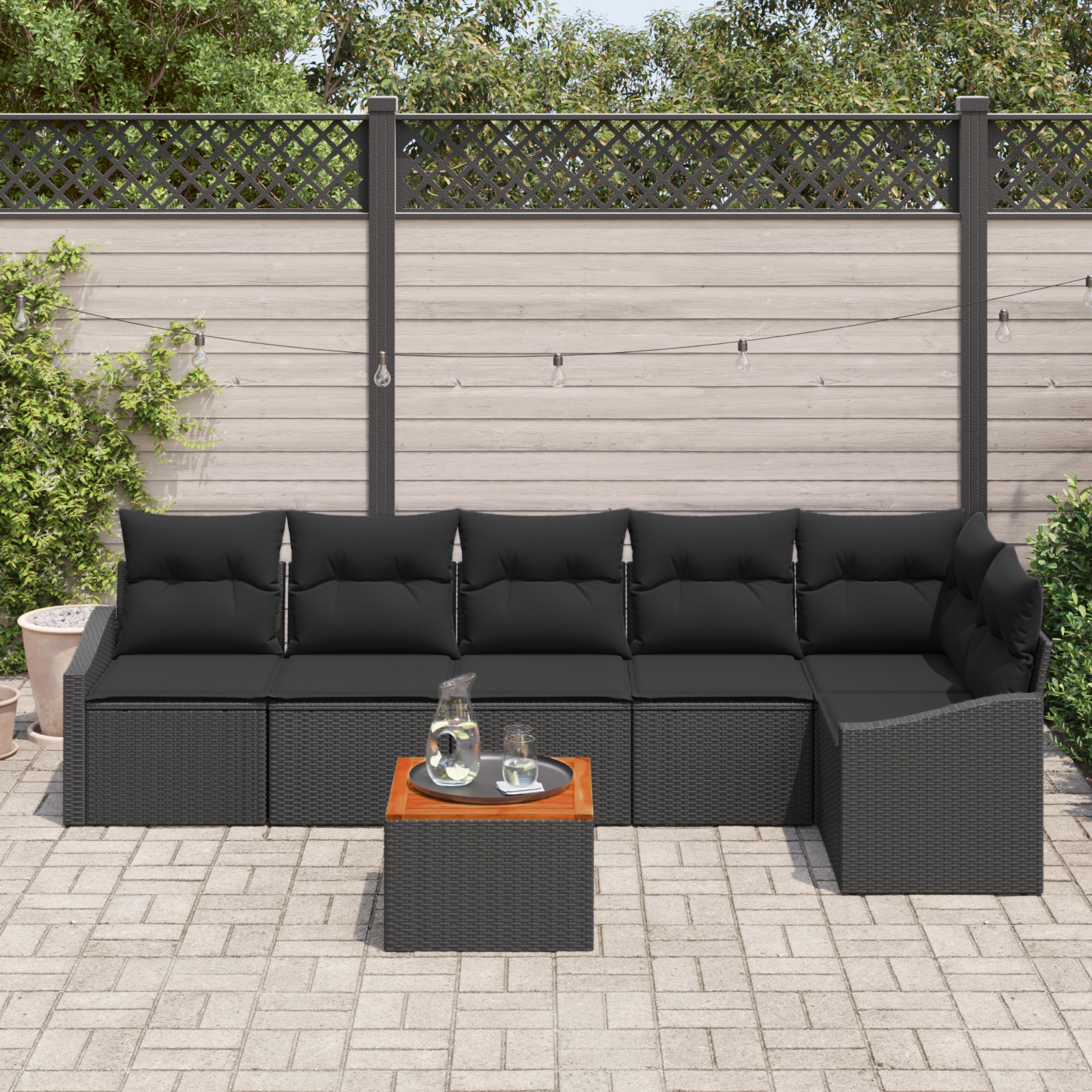 vidaXL 7-delige Tuinbankenset met kussens poly rattan acaciahout zwart