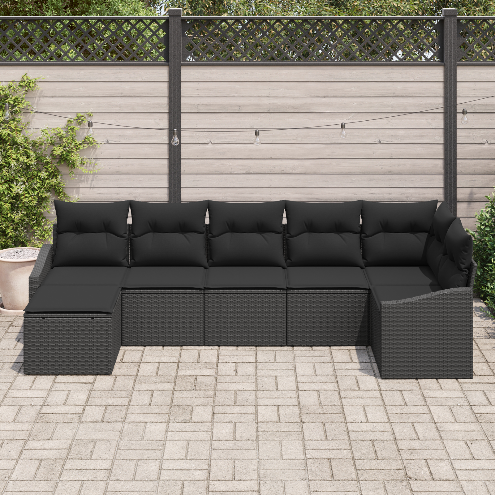 vidaXL 7-delige Tuinbankenset met kussens poly rattan zwart