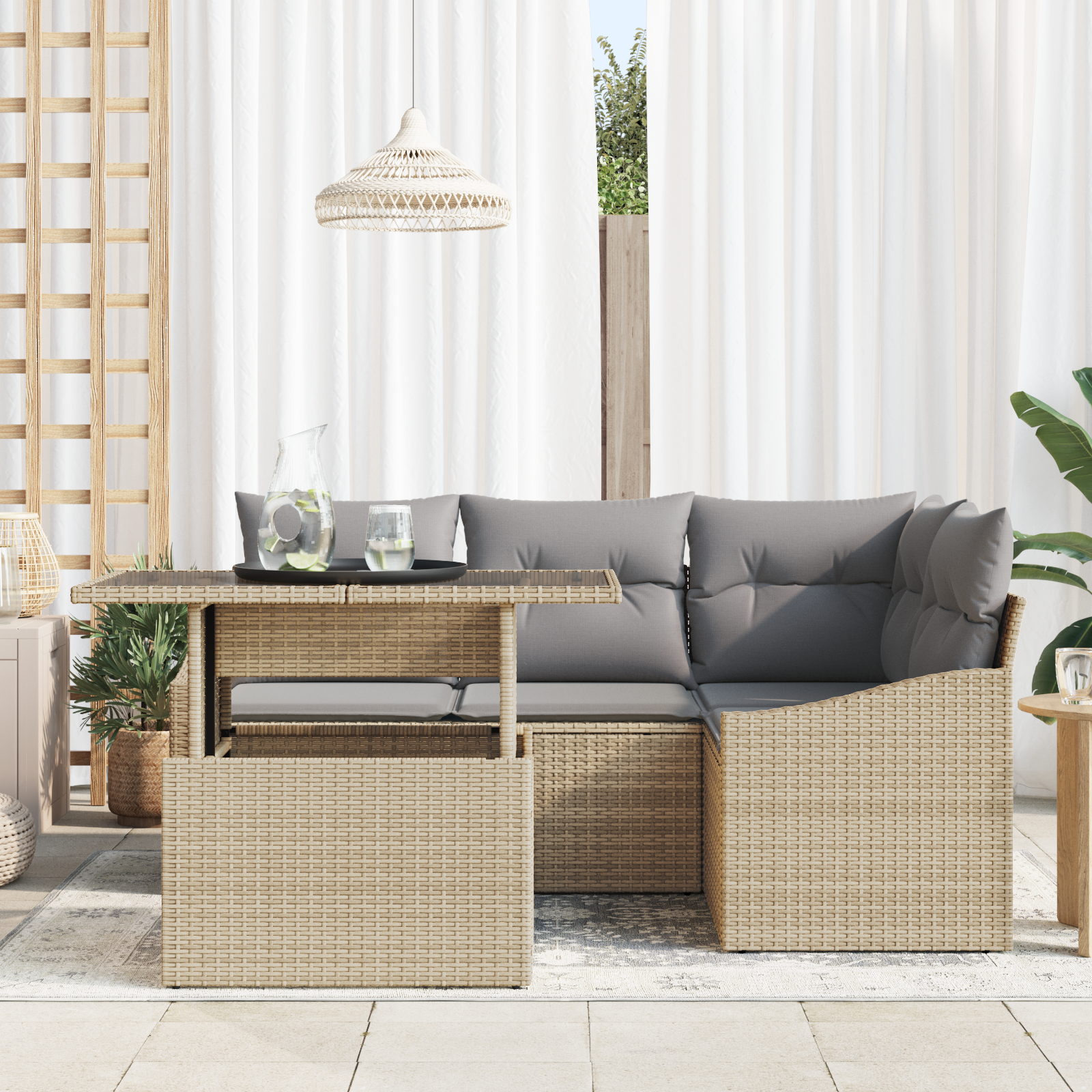 vidaXL 5-delige Tuinbankenset met kussens poly rattan beige