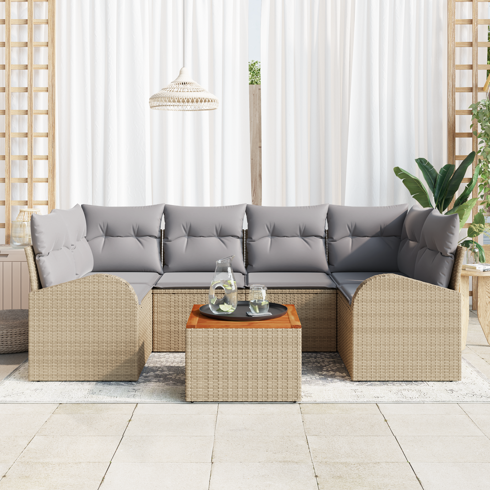 vidaXL 7-delige tuinset met kussens in beige van poly rattan en acacia