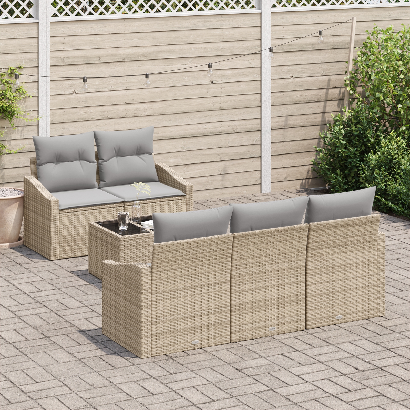 vidaXL 6-delige tuinset met kussens in beige poly rattan