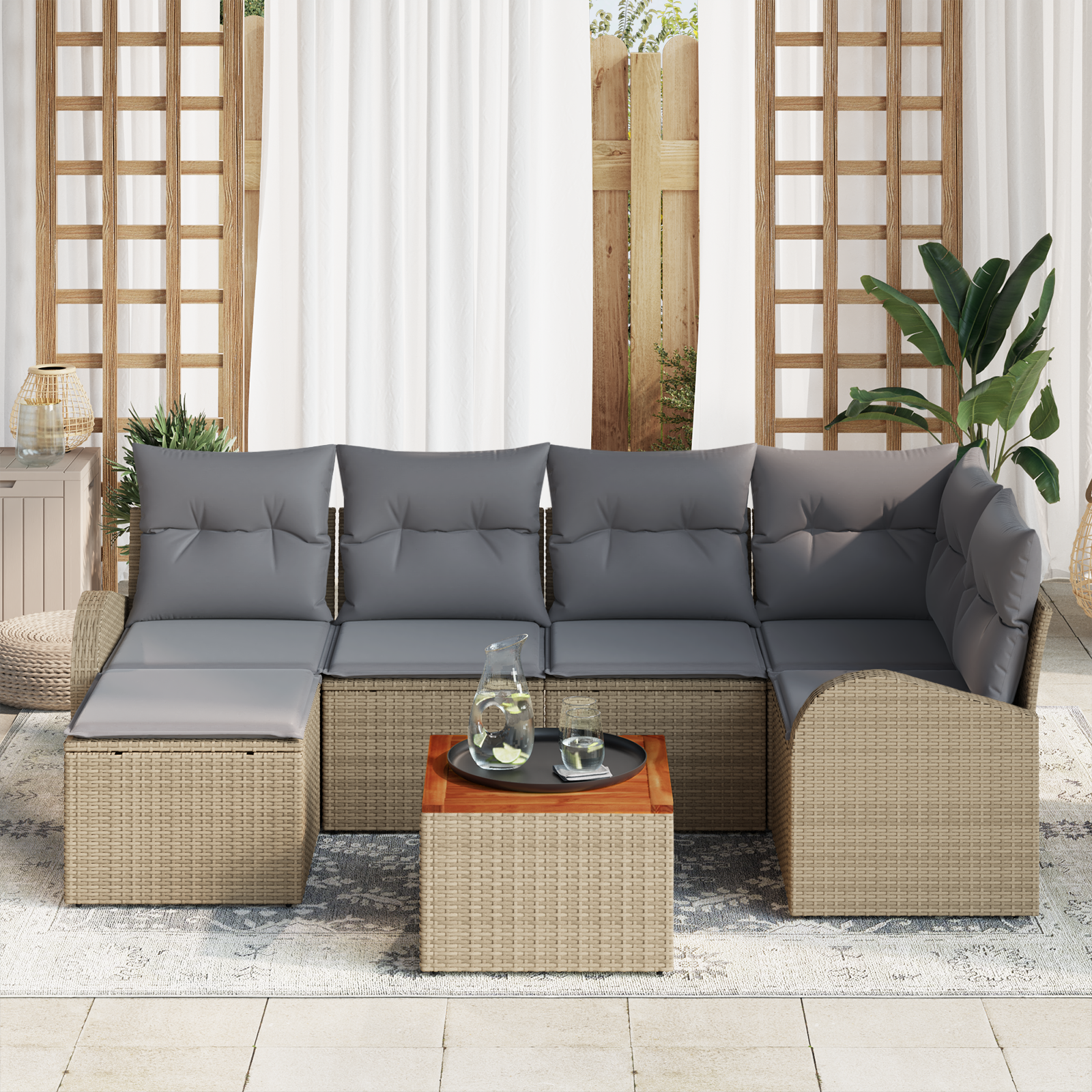 vidaXL 7-delige Tuin Sofa Set met Kussens Beige Poly Rieten Acacia
