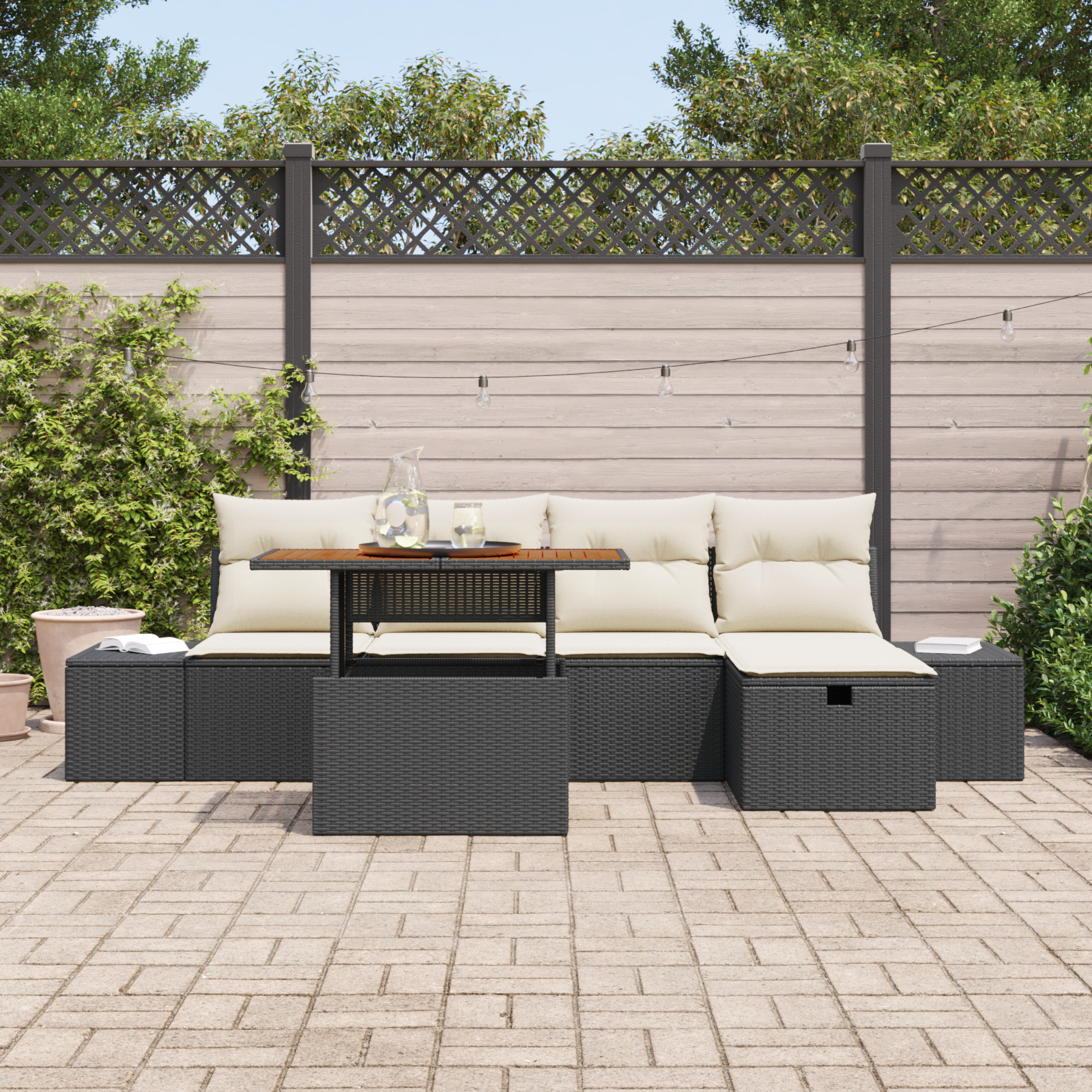 vidaXL 6-delige Tuinbankenset met kussens poly rattan zwart
