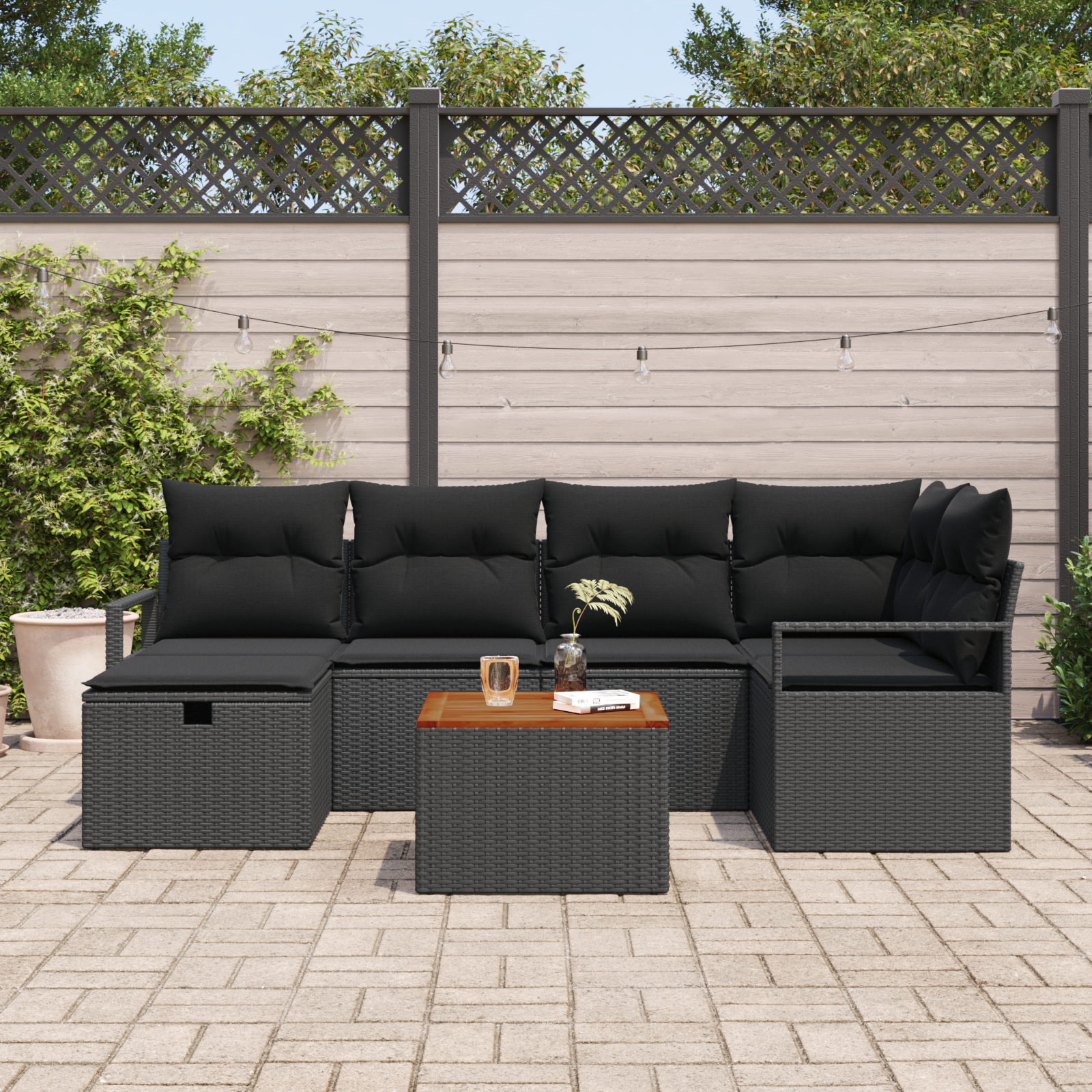 vidaXL 7-delige Tuinbankenset met kussens poly rattan zwart