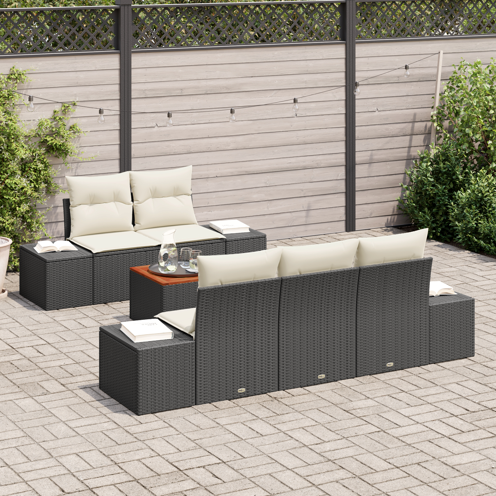 vidaXL 6-delige Tuinbankenset met kussens poly rattan acaciahout zwart