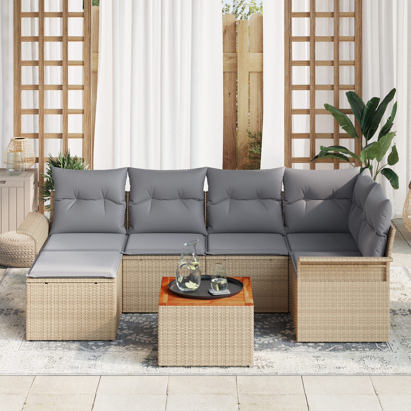 vidaXL 7-delige Tuinbankenset met kussens poly rattan acaciahout beige