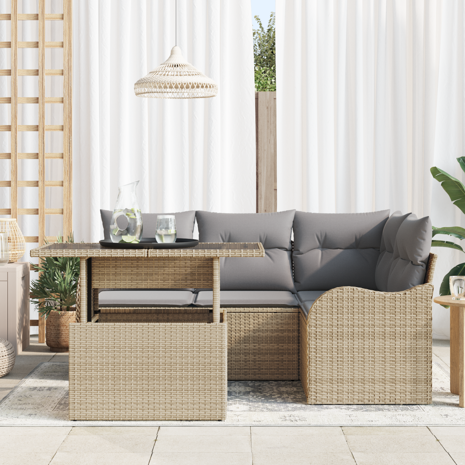 vidaXL 5-delige tuinbankset met kussens in beige poly rattan