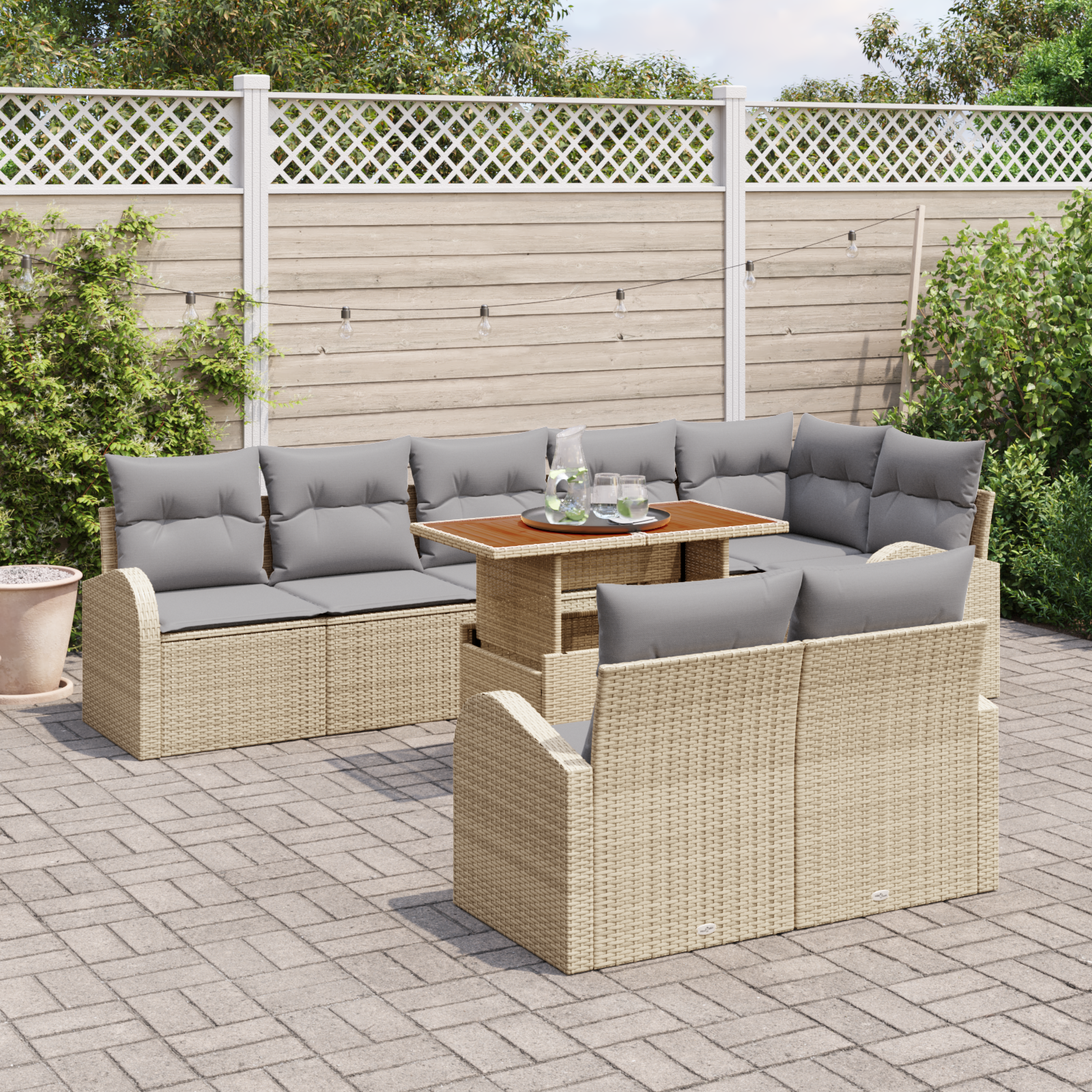 vidaXL 9-delige tuinset met kussens in beige poly rattan en acacia
