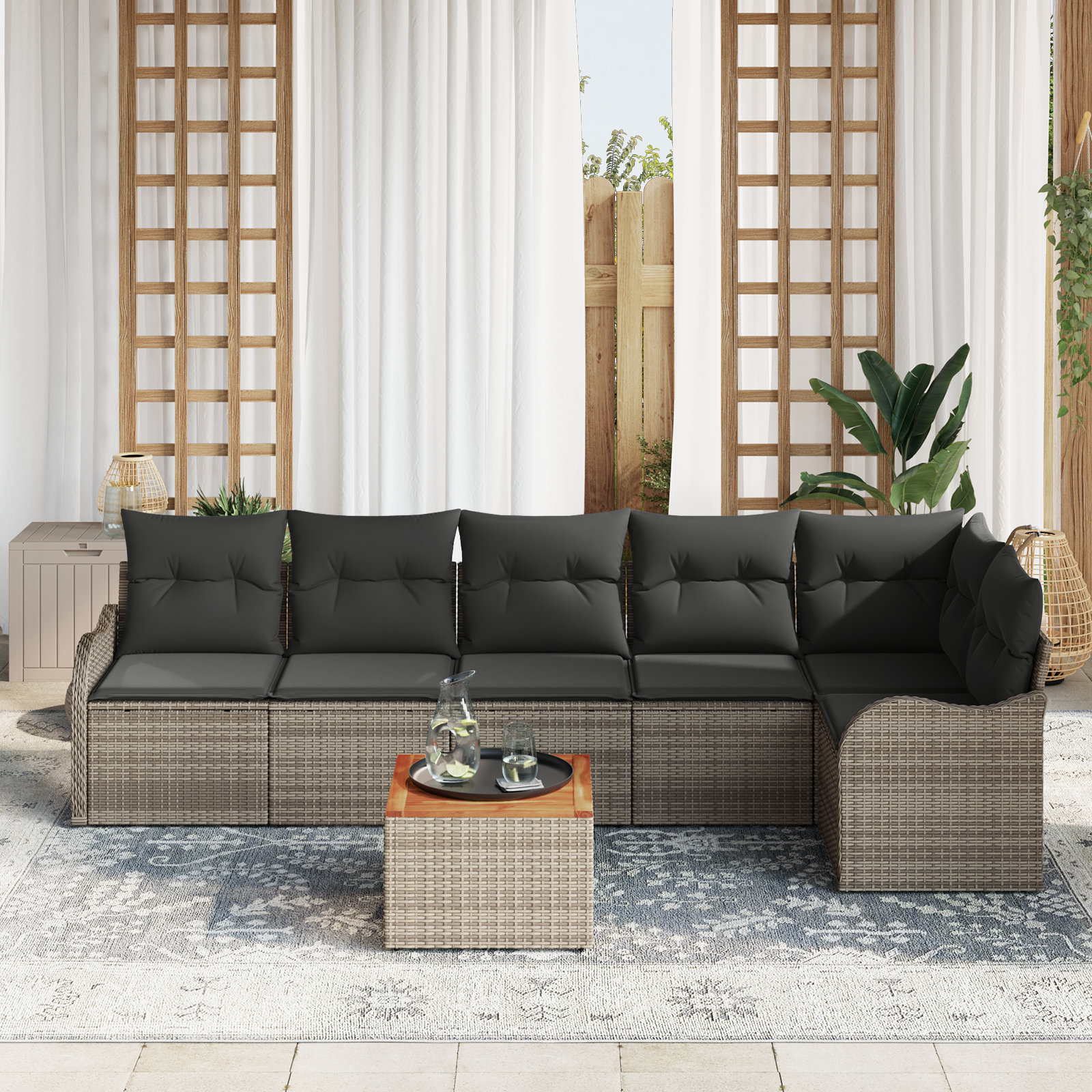 vidaXL 7-delige tuinset met kussens in grijs poly rattan en acaciahout